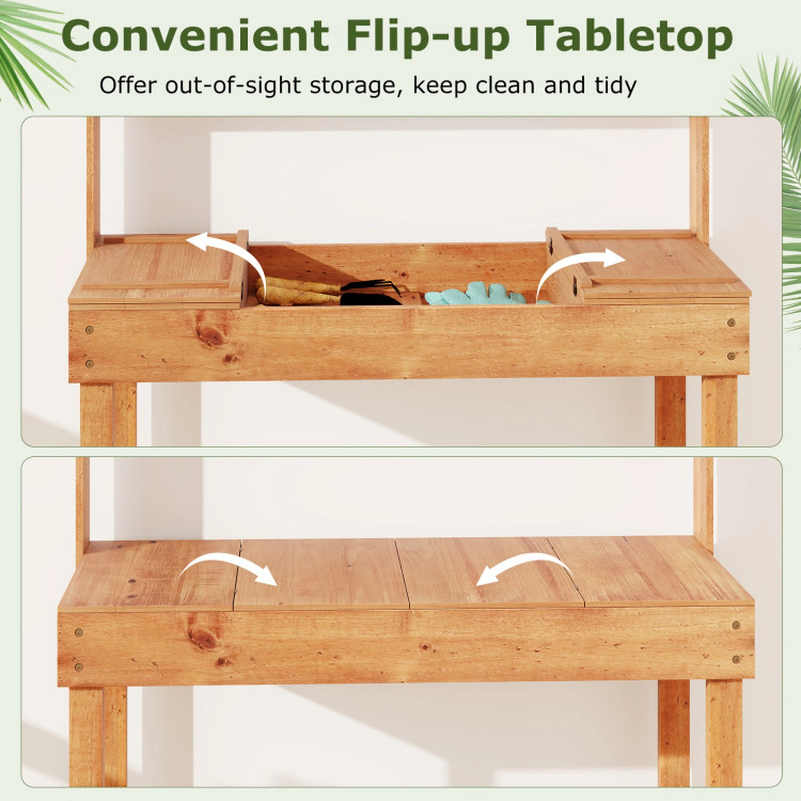 SUGIFT 100-lb Capacity 60-in Brown Wooden Potting Bench Table with 3-Tier Shelf and Flip-Up Top