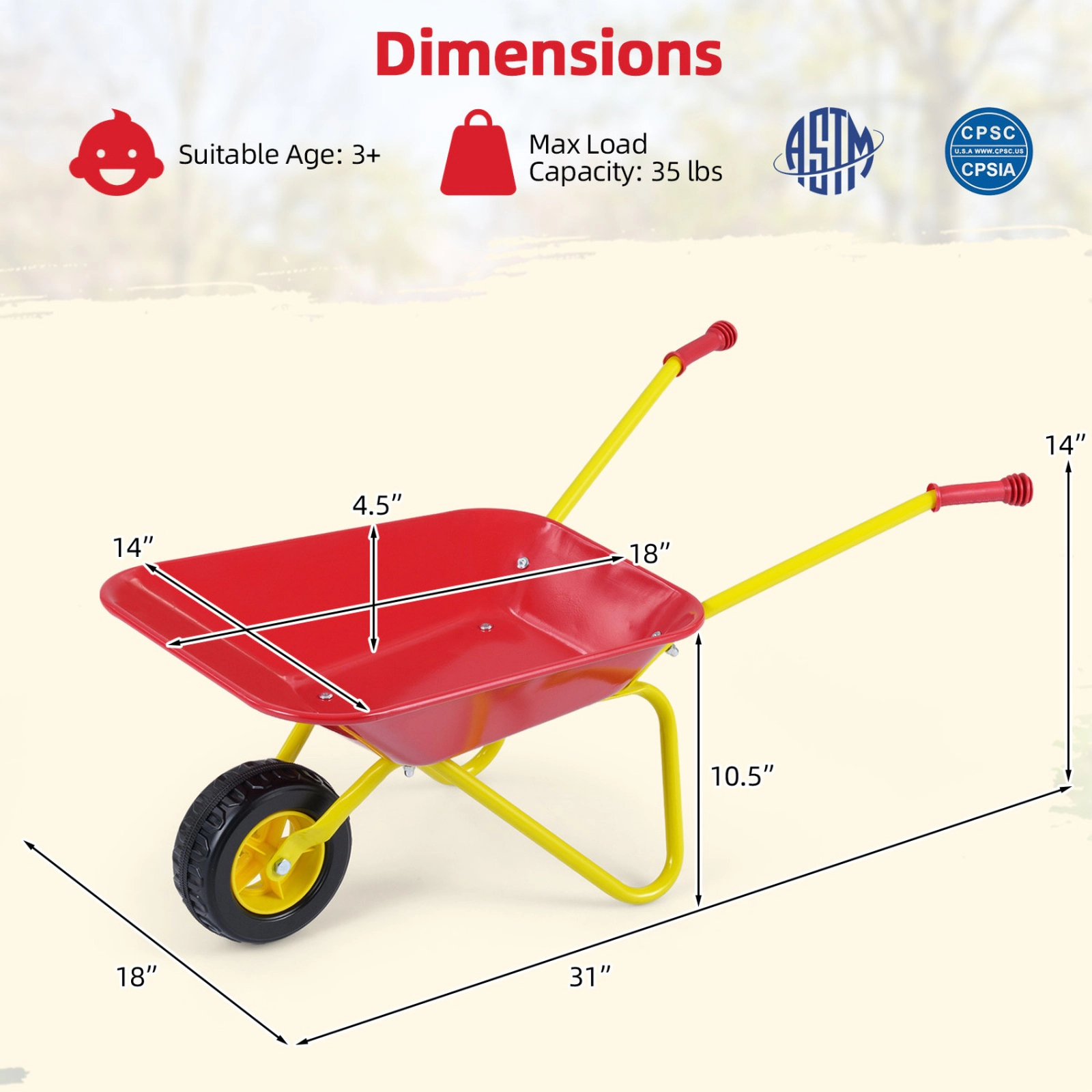 SUGIFT Red All-Terrain Wheel and Anti-Slip Handles Kids Metal Wheelbarrow