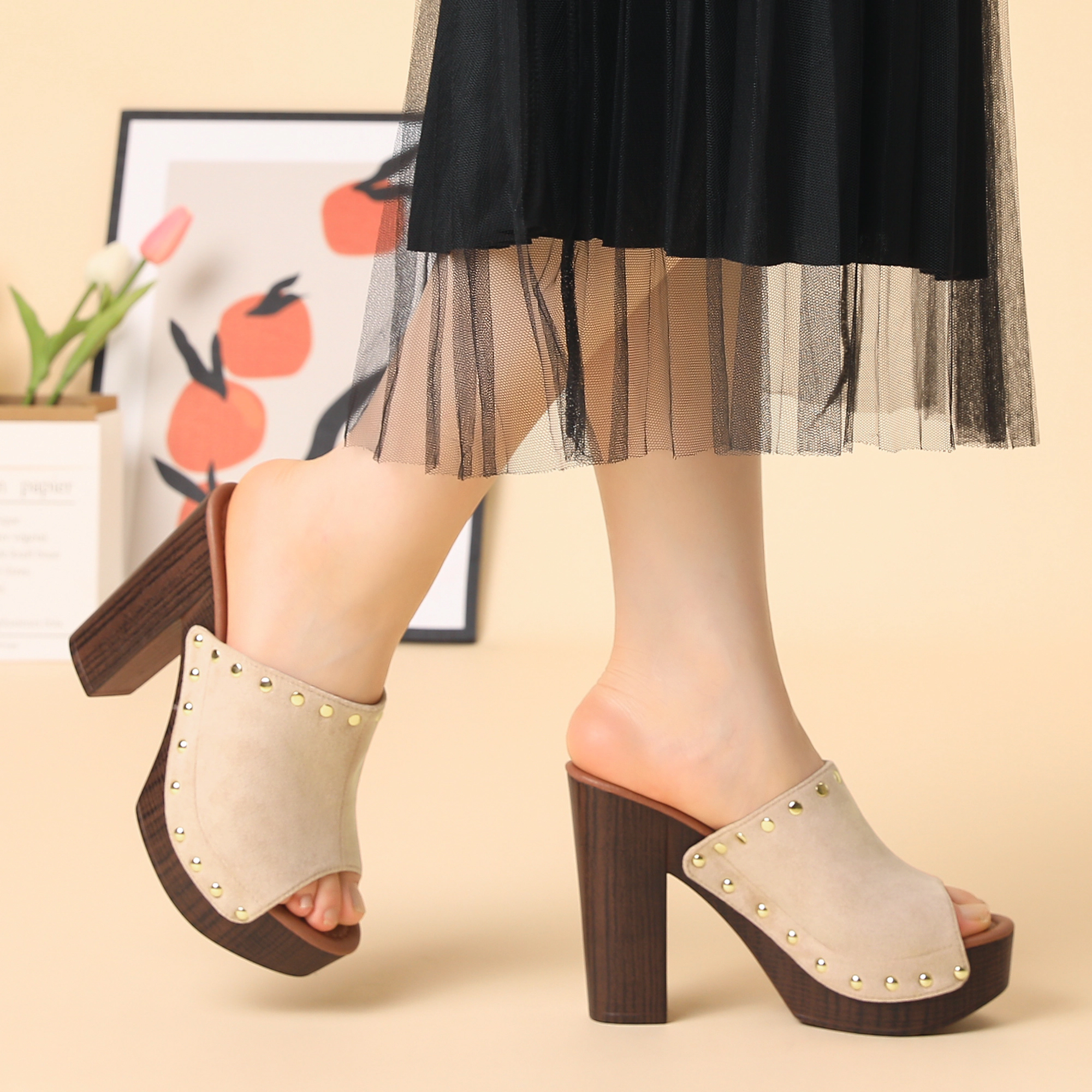 BLISSFUL STEP Women's Faux Suede Open Toe Chunky Heel Platform Sandals