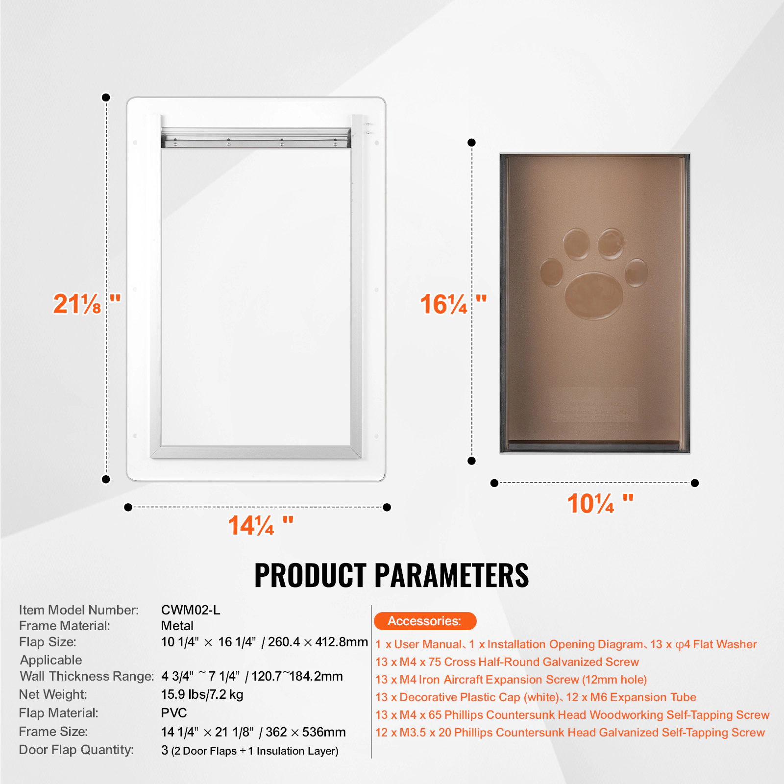 HONGGE Pet Door with 3-Flap System, 14.25 x 21.1 Inch Metal Frame, Lockable & Weatherproof, for Cats & Dogs, White