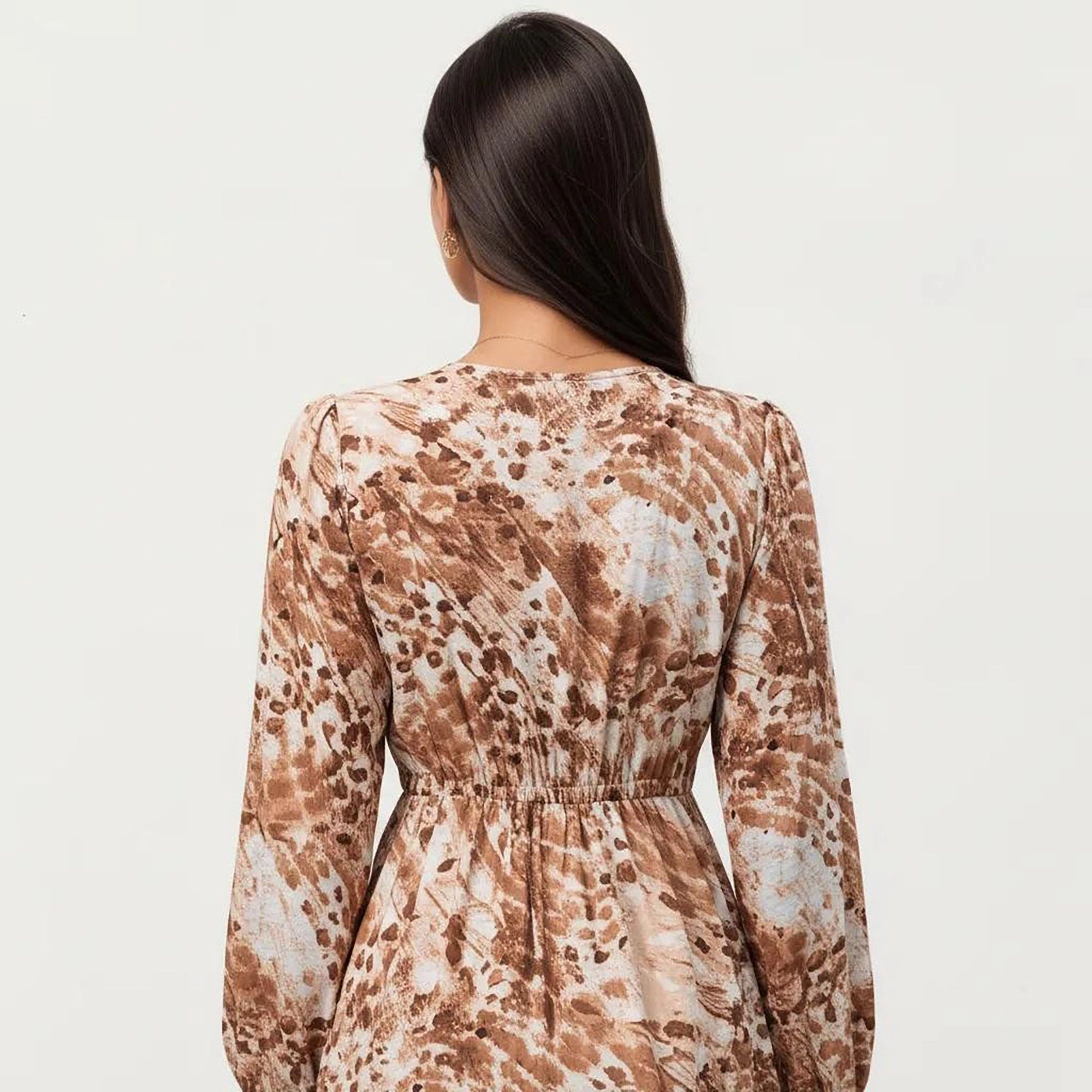 Anna-Kaci Women's Brown Animal Print Long Sleeve V Neck Tiered Dress