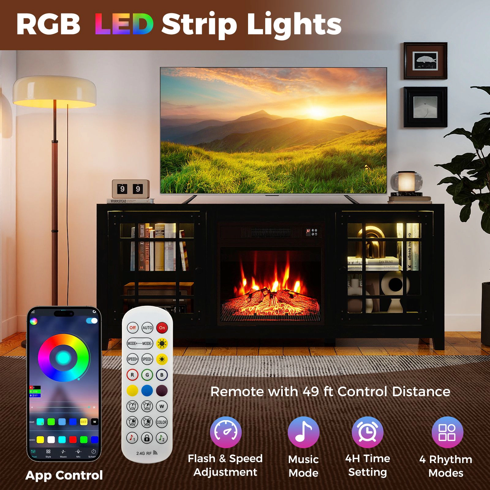 SlickBlue 58 Inch TV Stand with Electric Fireplace & LED Lights
