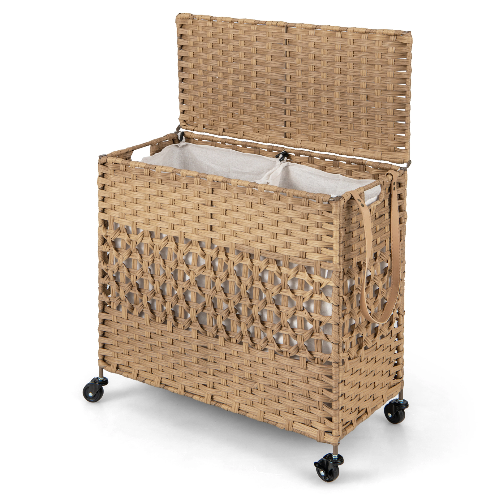 SUGIFT Natural 110L 2-Section Rolling Laundry Hamper with 4 Wheels 2 Removable Liners and Flip-Up Lid