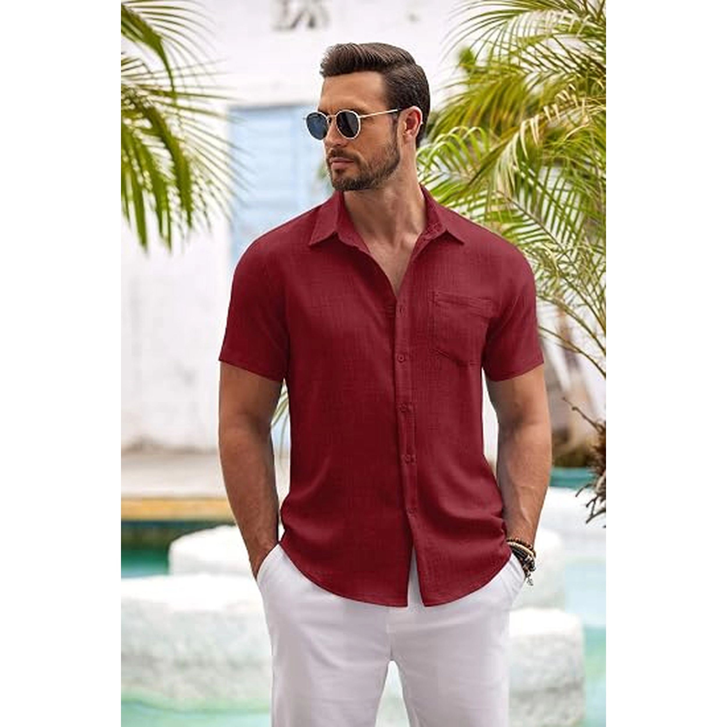 COOFANDY Men's Regular Fit Lightweight Linen Short Sleeve Camp Shirt