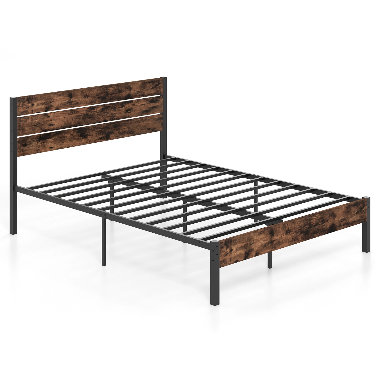 SUGIFT Queen Size 1100-lb Bed Capacity Metal Platform Bed Frame with Slatted Headboard and Mute Bar Rustic Brown