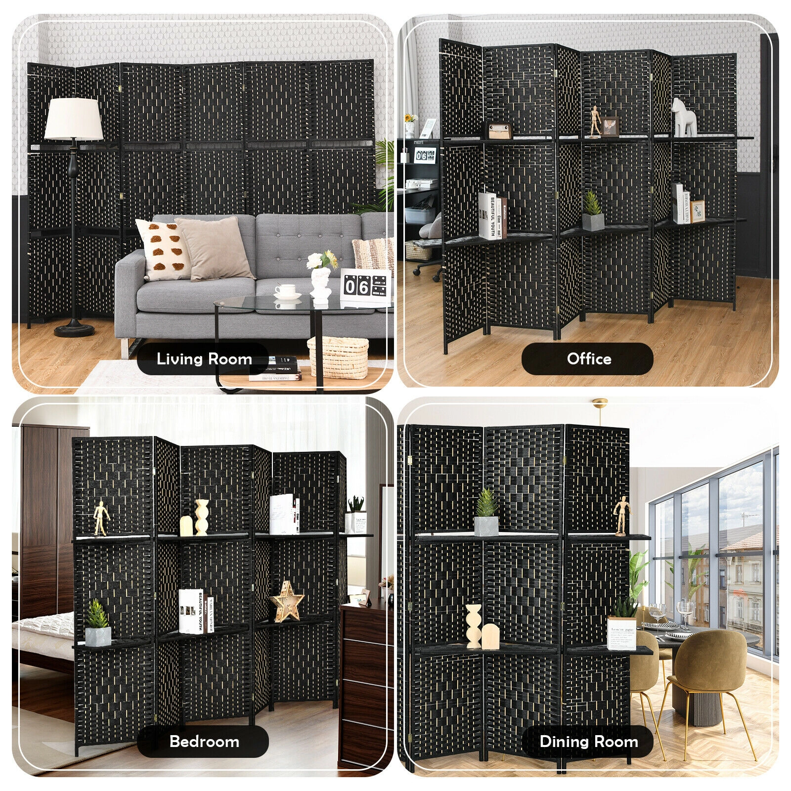 SUGIFT 6 Panel Folding Hand-Woven Fiber Room Divider with 2 Display Shelves 71-in Tall Black/Brown