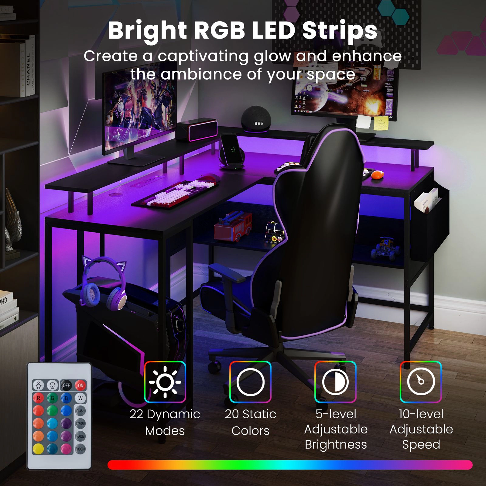 SlickBlue L Shaped Computer Desk with LED Lights and Power Strip