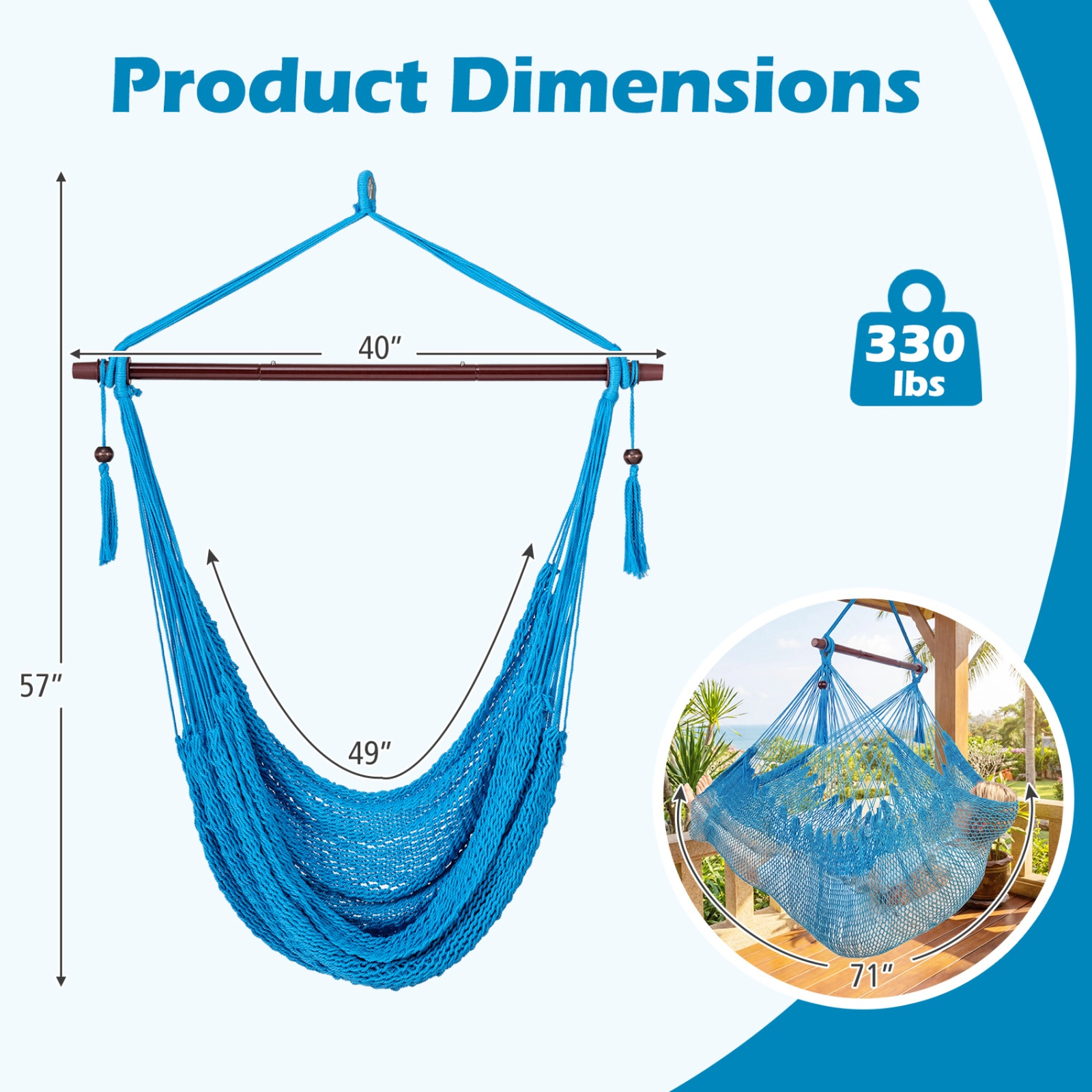 SUGIFT Blue Woven Rope Hanging Hammock Swing Chair, 330 lb Capacity