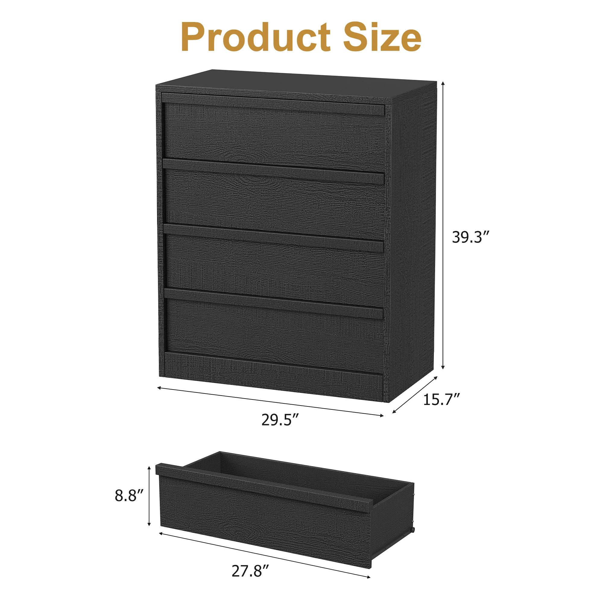 4 Drawer Dresser, Freestanding MDF Chest of Drawers with Storage Top and Anti-Tip Hardware for Bedroom