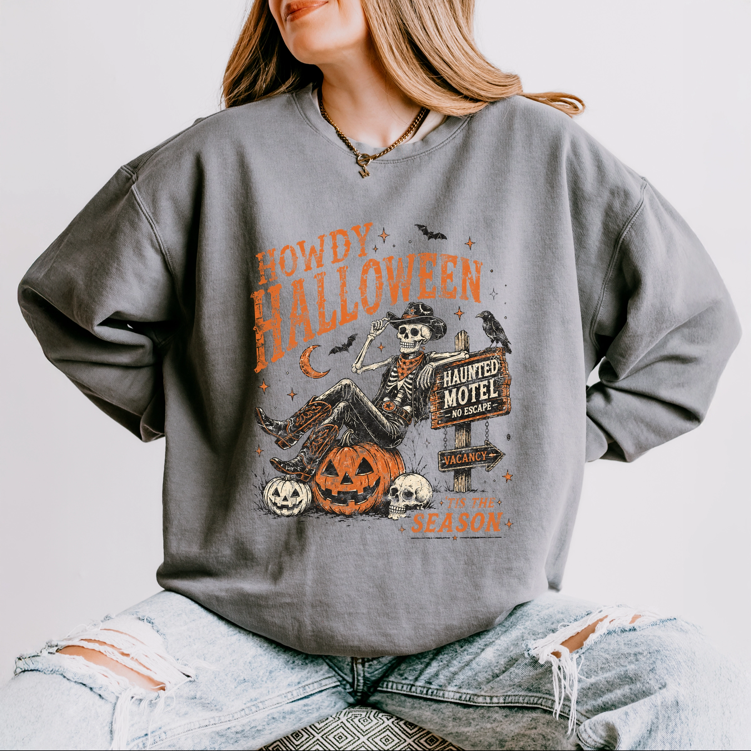 Simply Sage Market - Women's Lightweight Garment Dyed Sweatshirt Howdy Halloween Skeleton