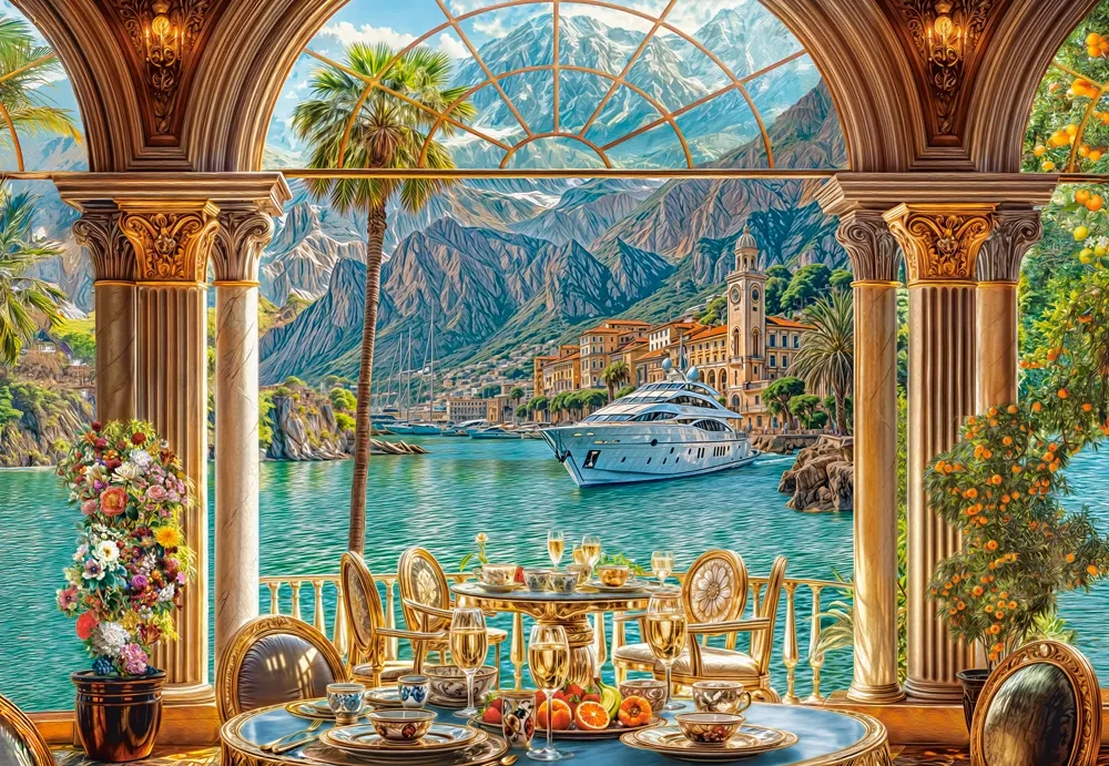 CASTORLAND 1500 Piece Jigsaw Puzzles, Mediterranean Dessert, Elegant Coastal Villa, Yacht Scene, Italy, C-152285-2