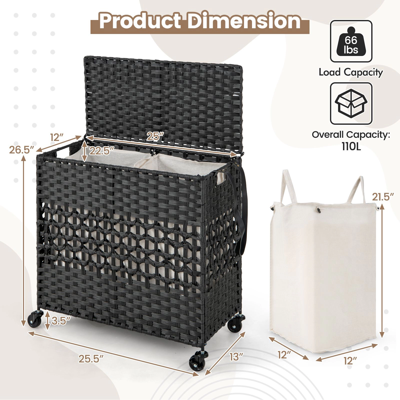 SlickBlue 110L Rolling Double Laundry Hamper with Folding Design