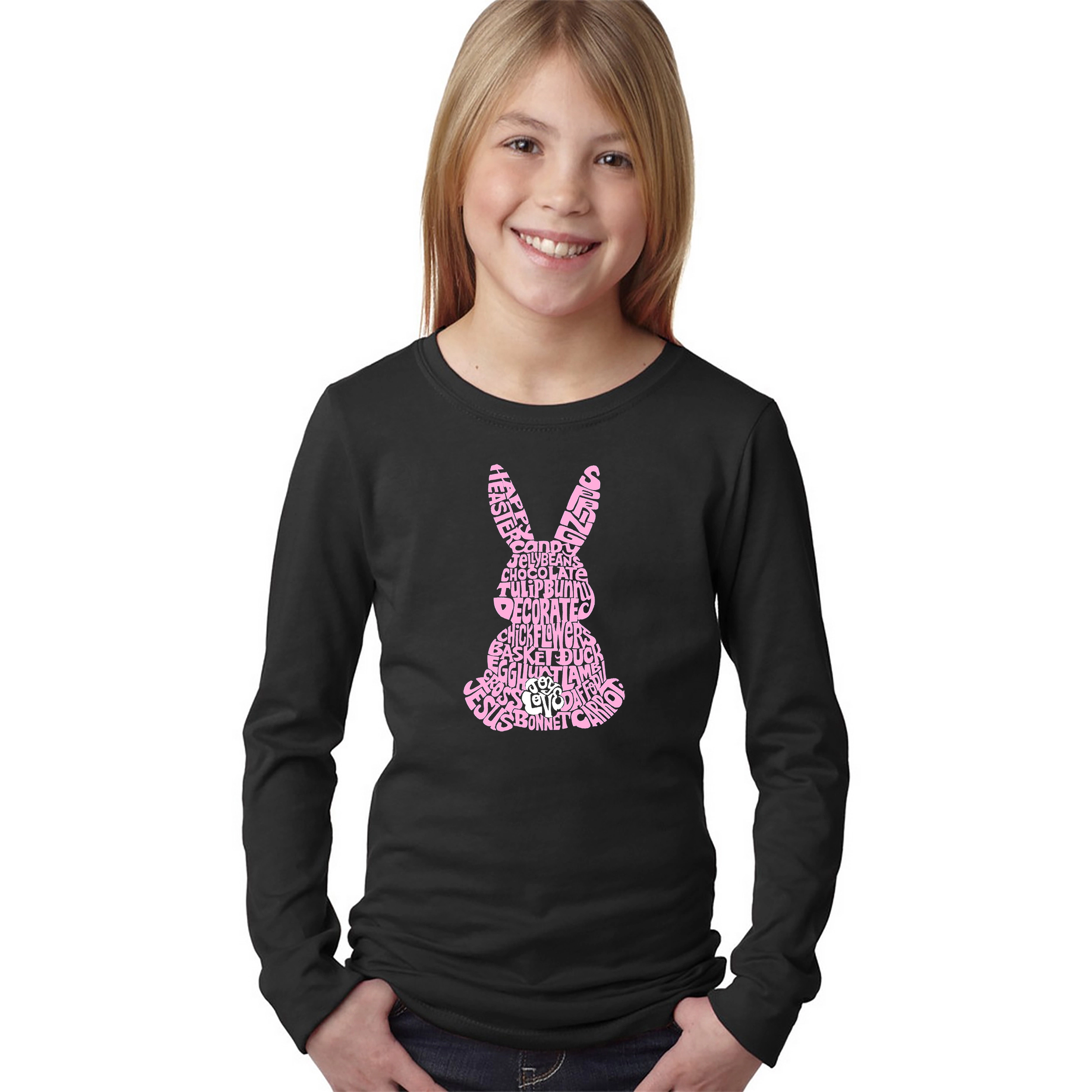 LA Pop Art Girls Long Sleeve Word T-Shirt - Easter Bunny