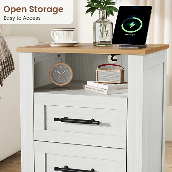 BebreezChic Farmhouse Nightstand with Charging Station, 2-Drawer ...
