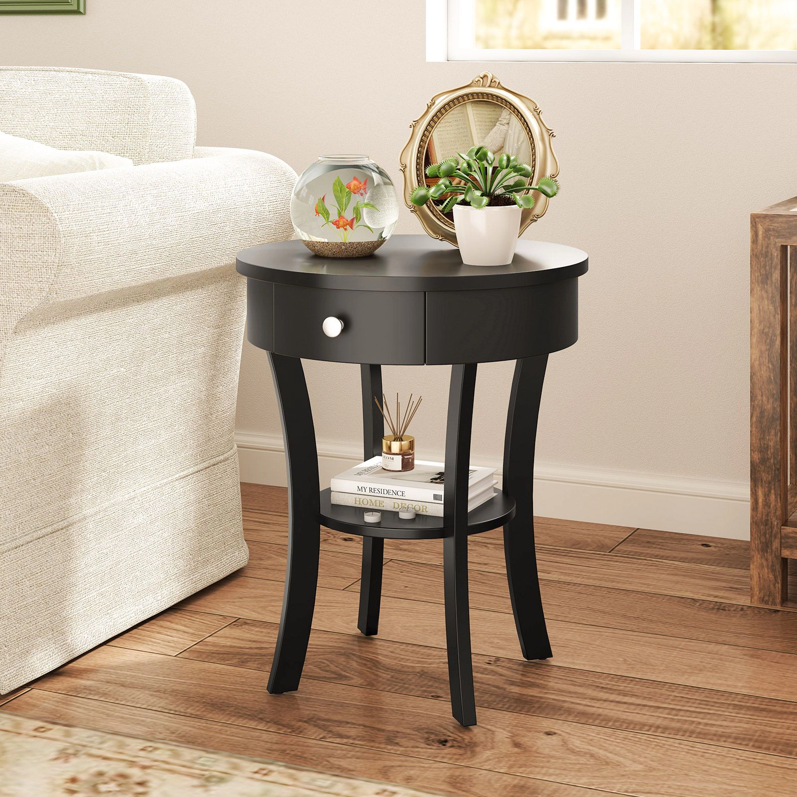 SlickBlue Modern Round End Table with Drawer and Storage Shelf