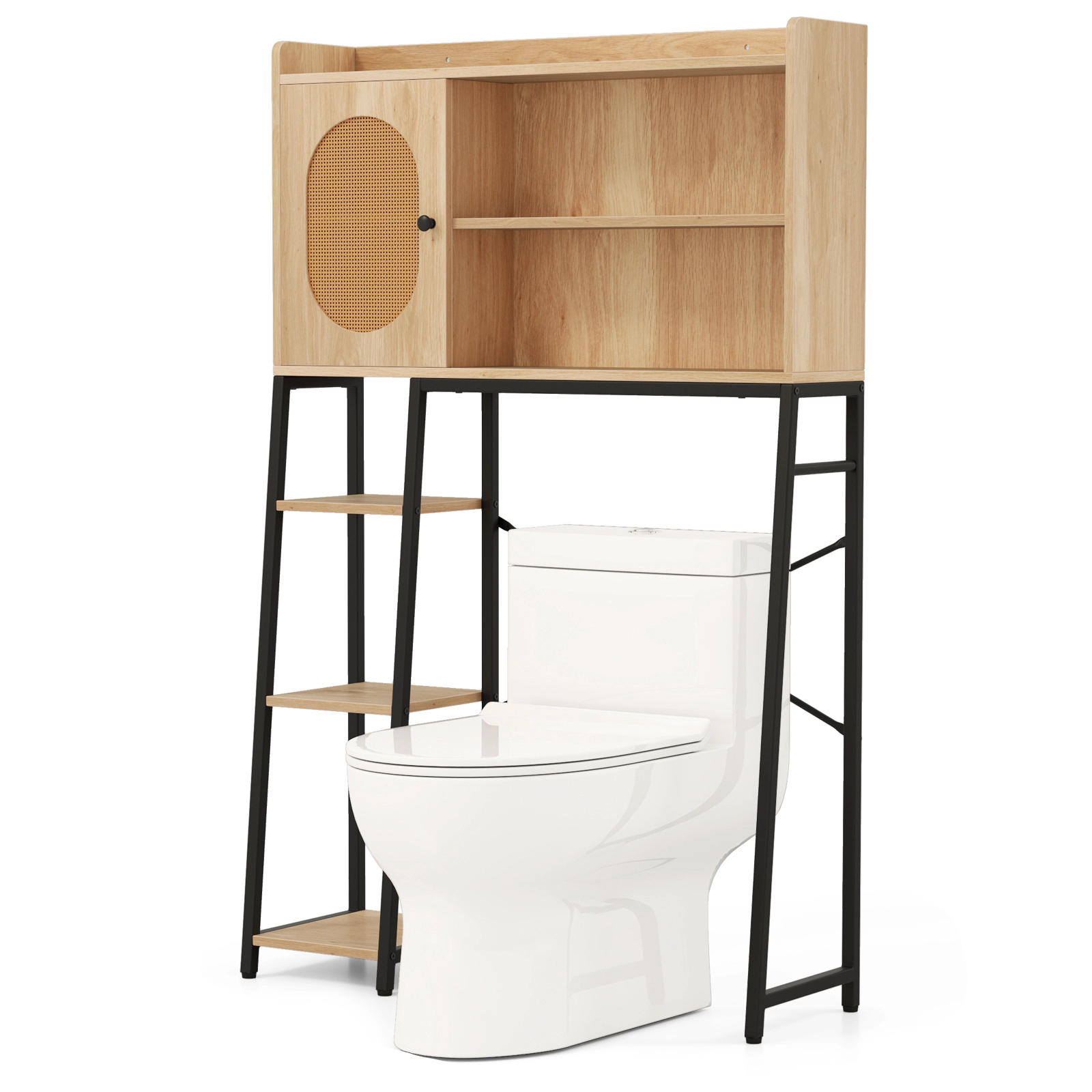 Slickblue Bathroom Over Toilet Storage Cabinet with Rattan Door and Open Shelving Unit