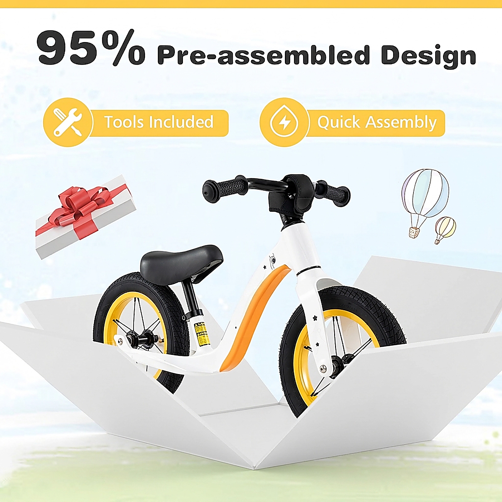 SUGIFT 12-Inch Balance Bike with Adjustable Seat and Rotatable Handlebar 66-lb Capacity Ages 36+ Months White
