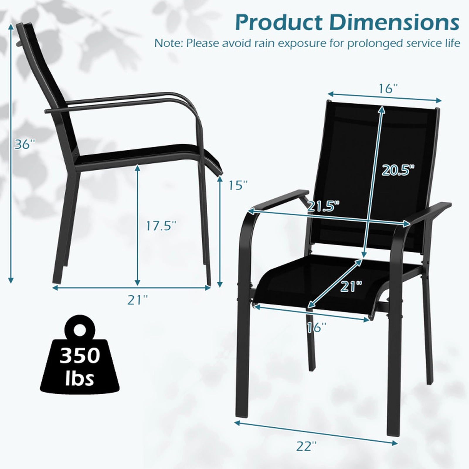 SUGIFT Set of 4 Stackable Patio Dining Armchairs, Breathable Mesh, Metal Frame, 350 lb Capacity