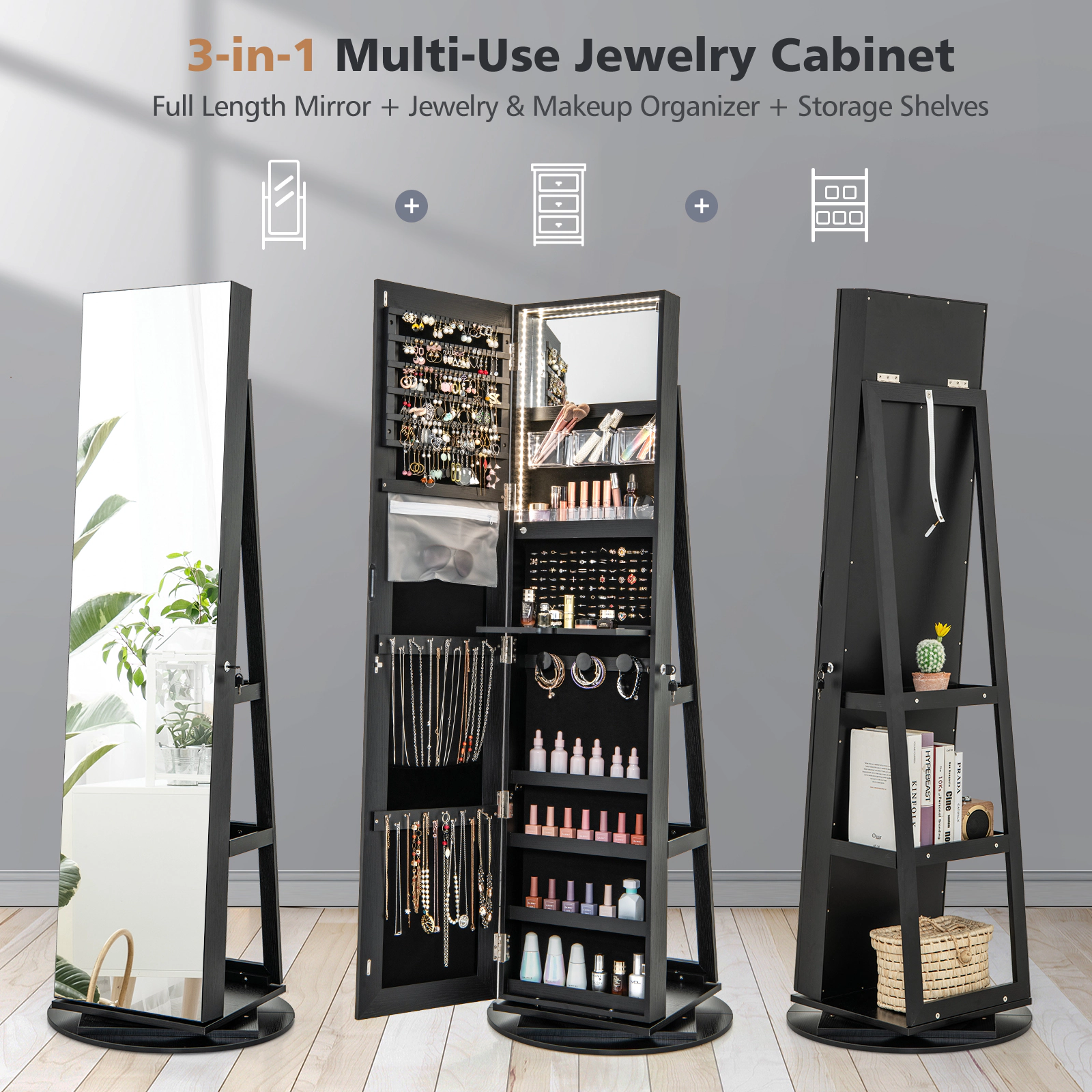 SUGIFT Black Lockable Jewelry Cabinet Armoire with Vanity Mirror 360-Degree Swivel Base and Makeup Shelf