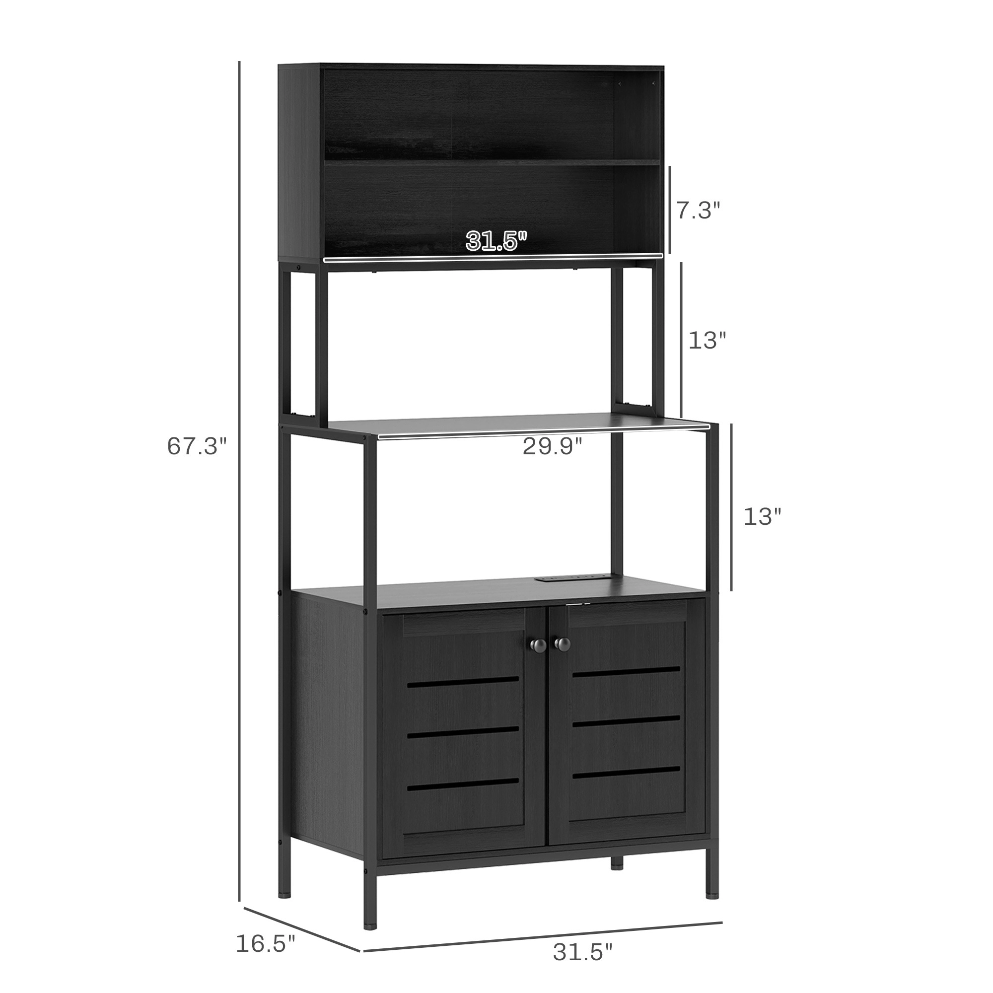HONGGE Black Kitchen Baker's Rack with Power Outlet, Storage Shelves and Louvered Microwave Stand Cabinet