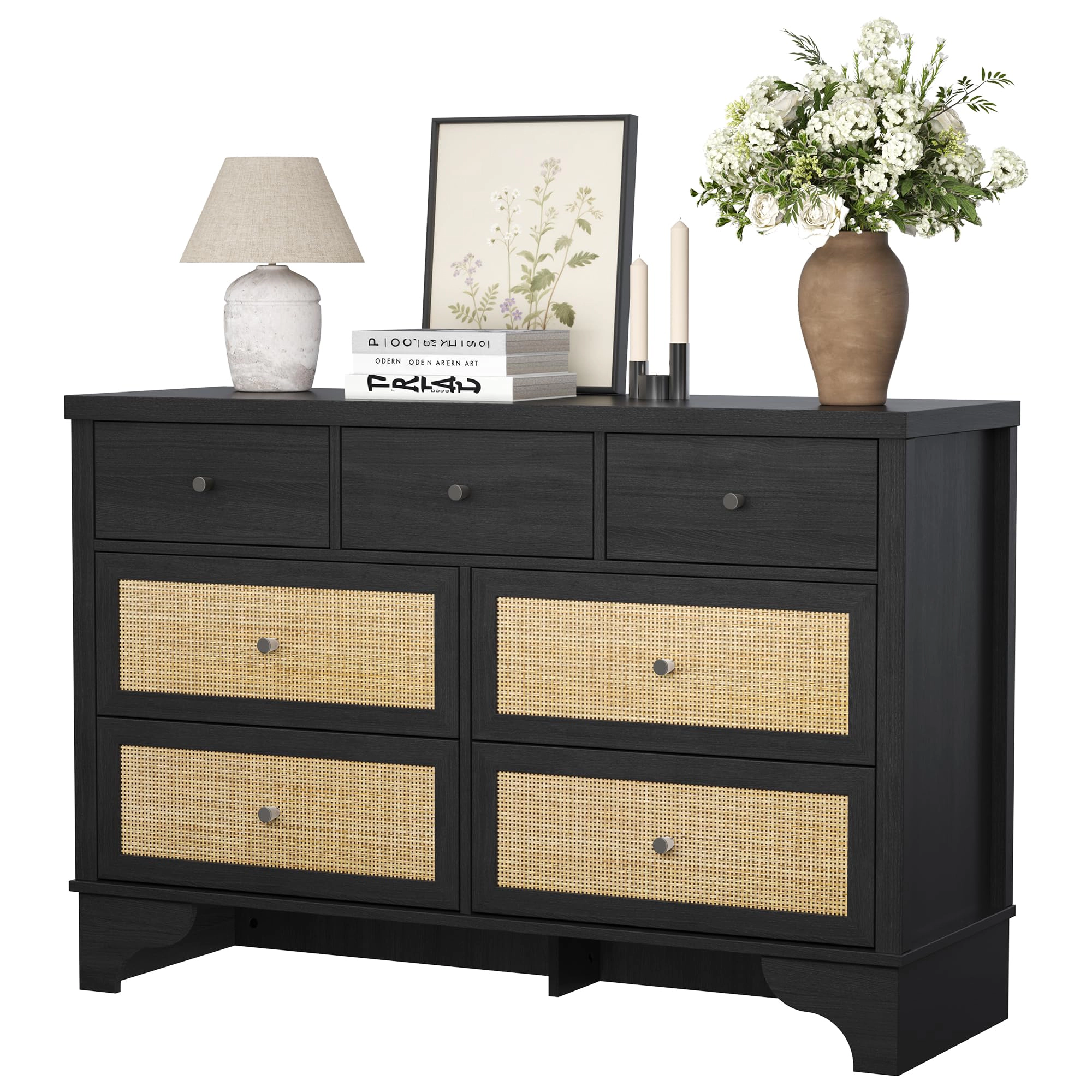 7 Drawer Dresser with Natural Rattan, 47.3" Wood Boho Clothing Storage Organizer, TV Stand Cabinet