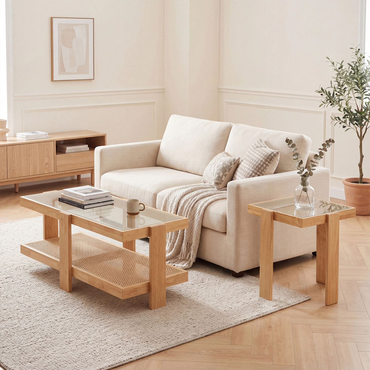 LJG Set of 2 Nesting Coffee Table with Boho Rattan Accent Table