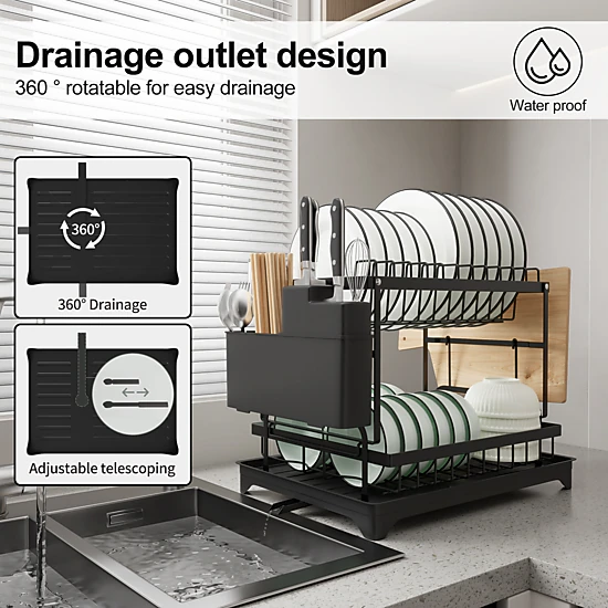 Mega Casa Kitchen Dish Rack, 2 Tier Anti-Rust Dish Drying Rack Set with Drainage Spout