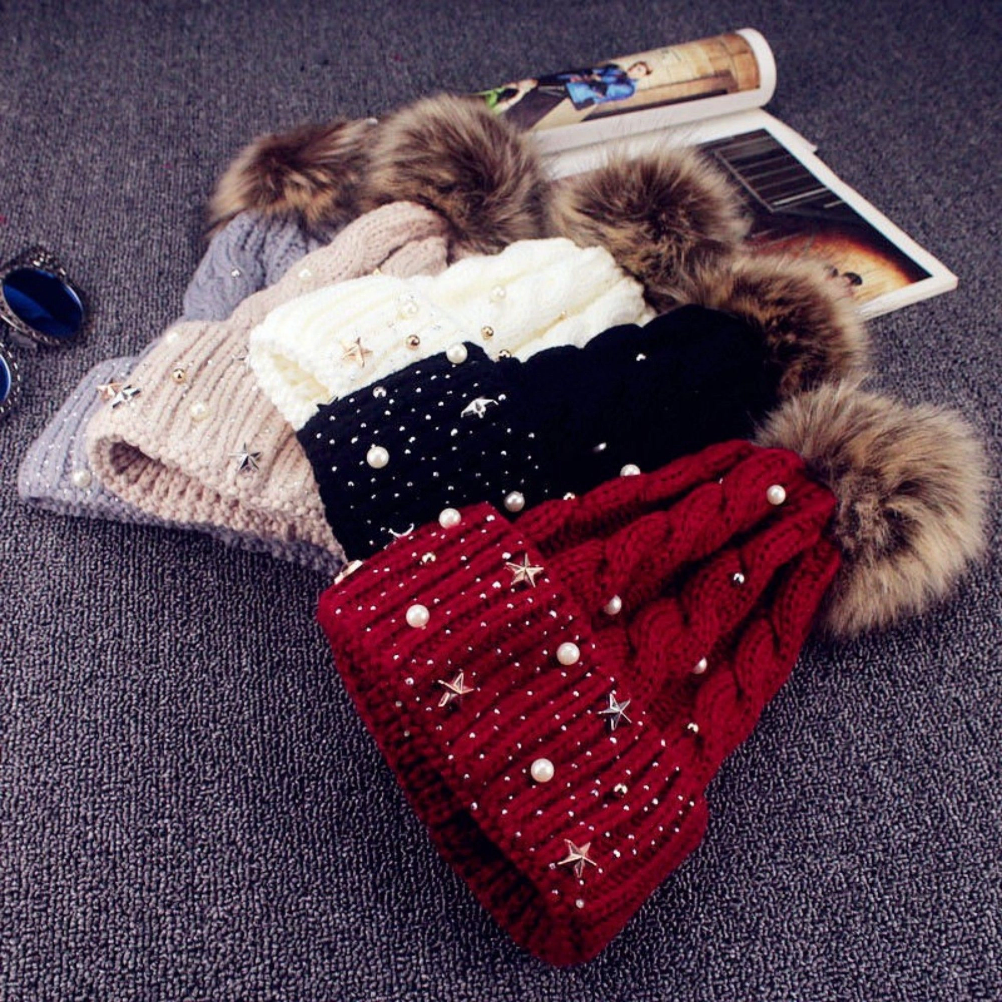 Anna-Kaci Women's Cable Knit Pearl Star Embellished Pom Winter Beanie Hat