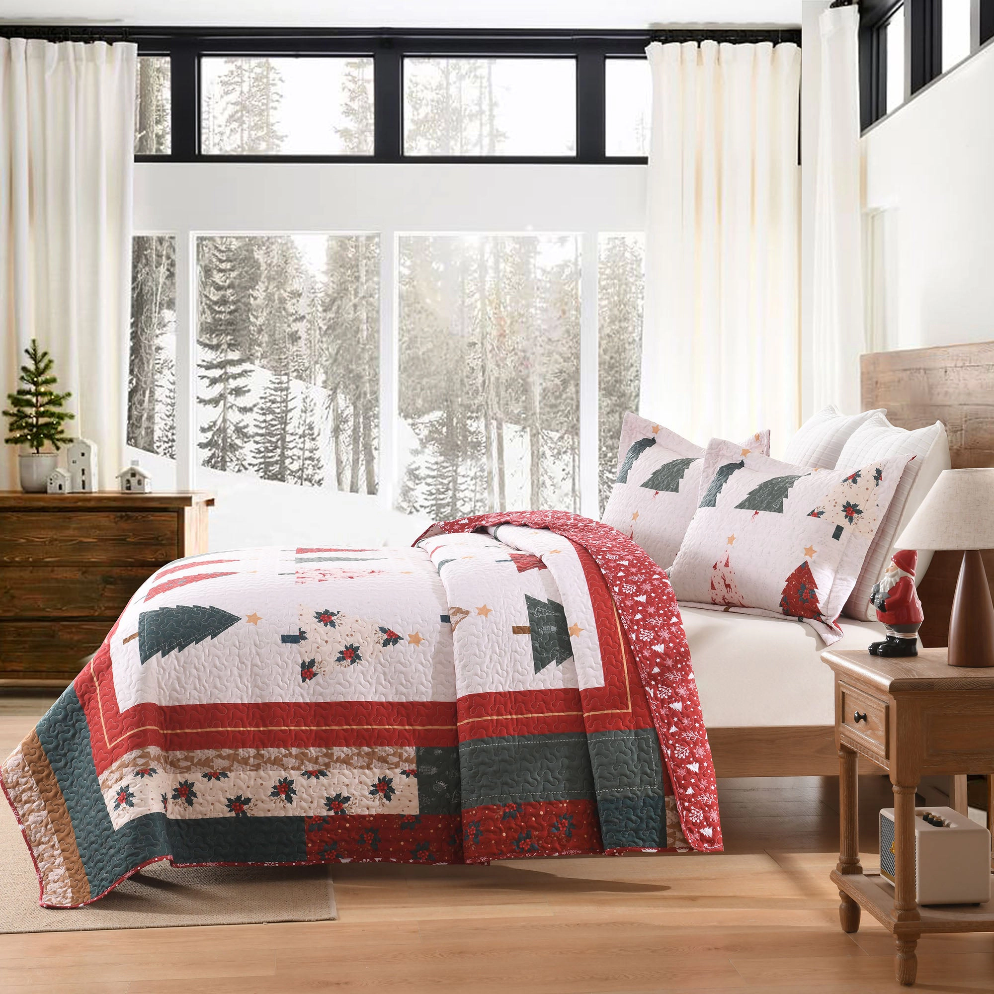 MarCielo 3 Pieces Christmas Theme Quilt Set - Holiday Forest Bedspread Set