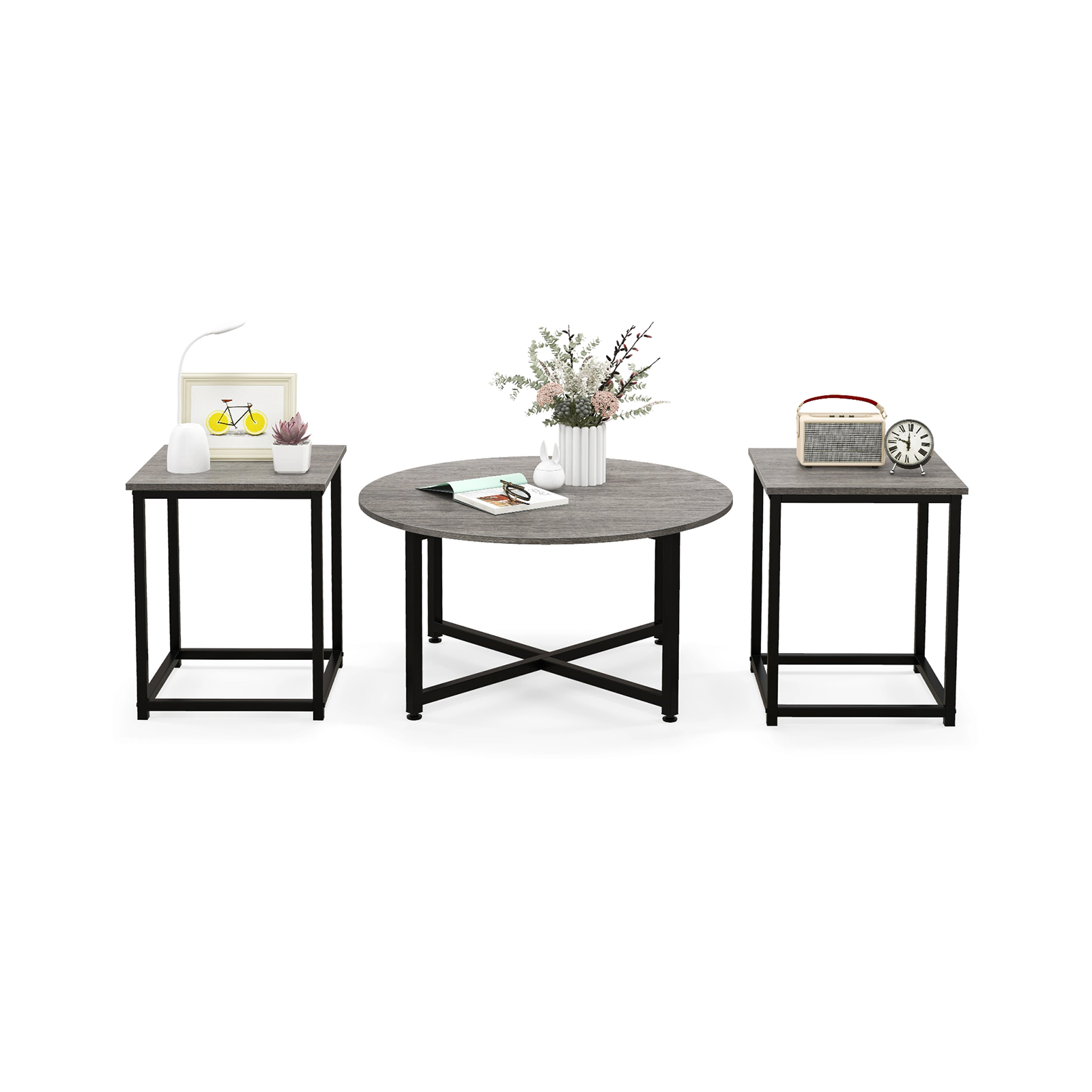 SUGIFT 3-Piece Coffee Table and End Tables Set 220-lb Coffee Table Capacity 110-lb End Tables Capacity Gray and Black