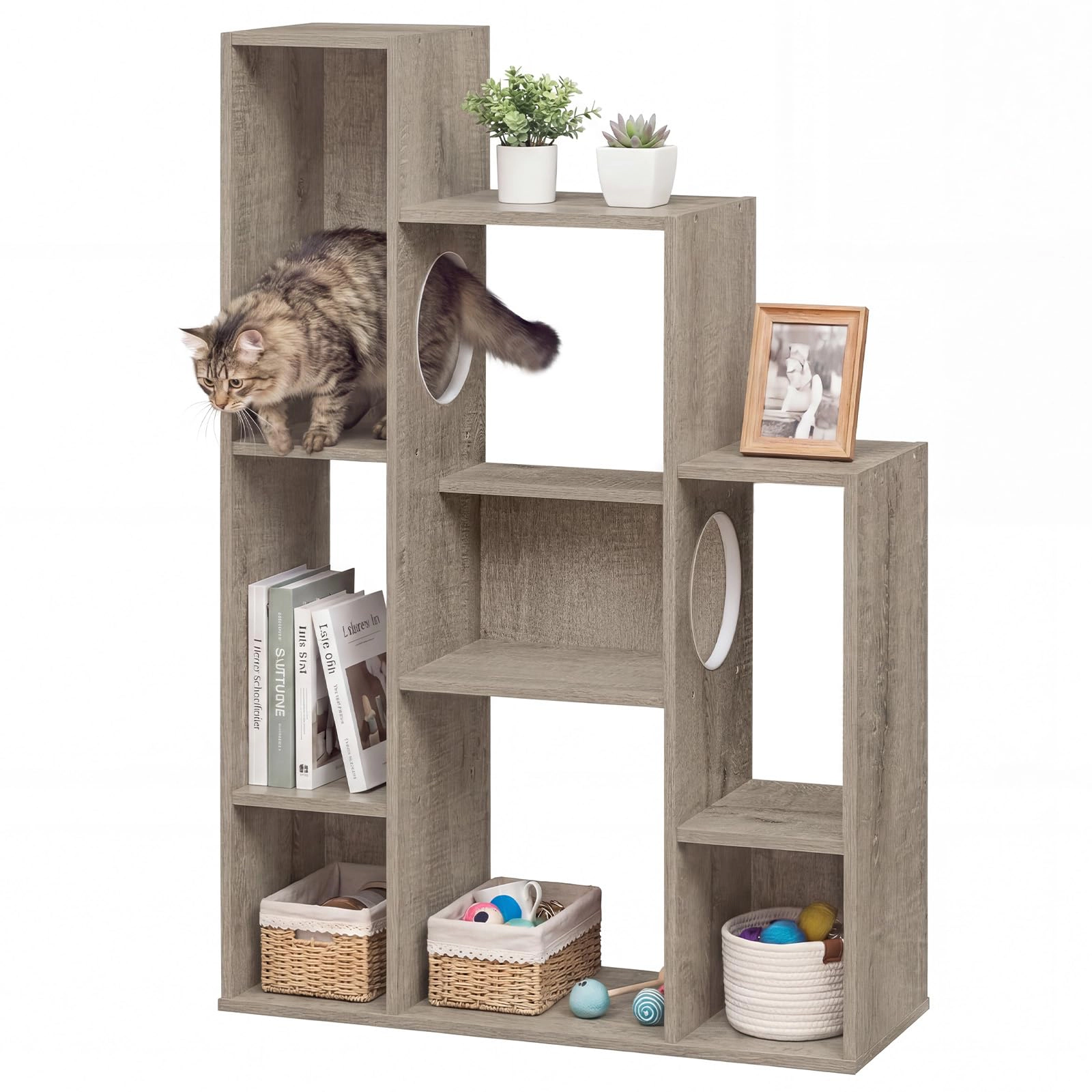 Glintex 8-Section Cat Bookshelf Cabinet with 2 Round Hollow Doors and Anti-Tip Device