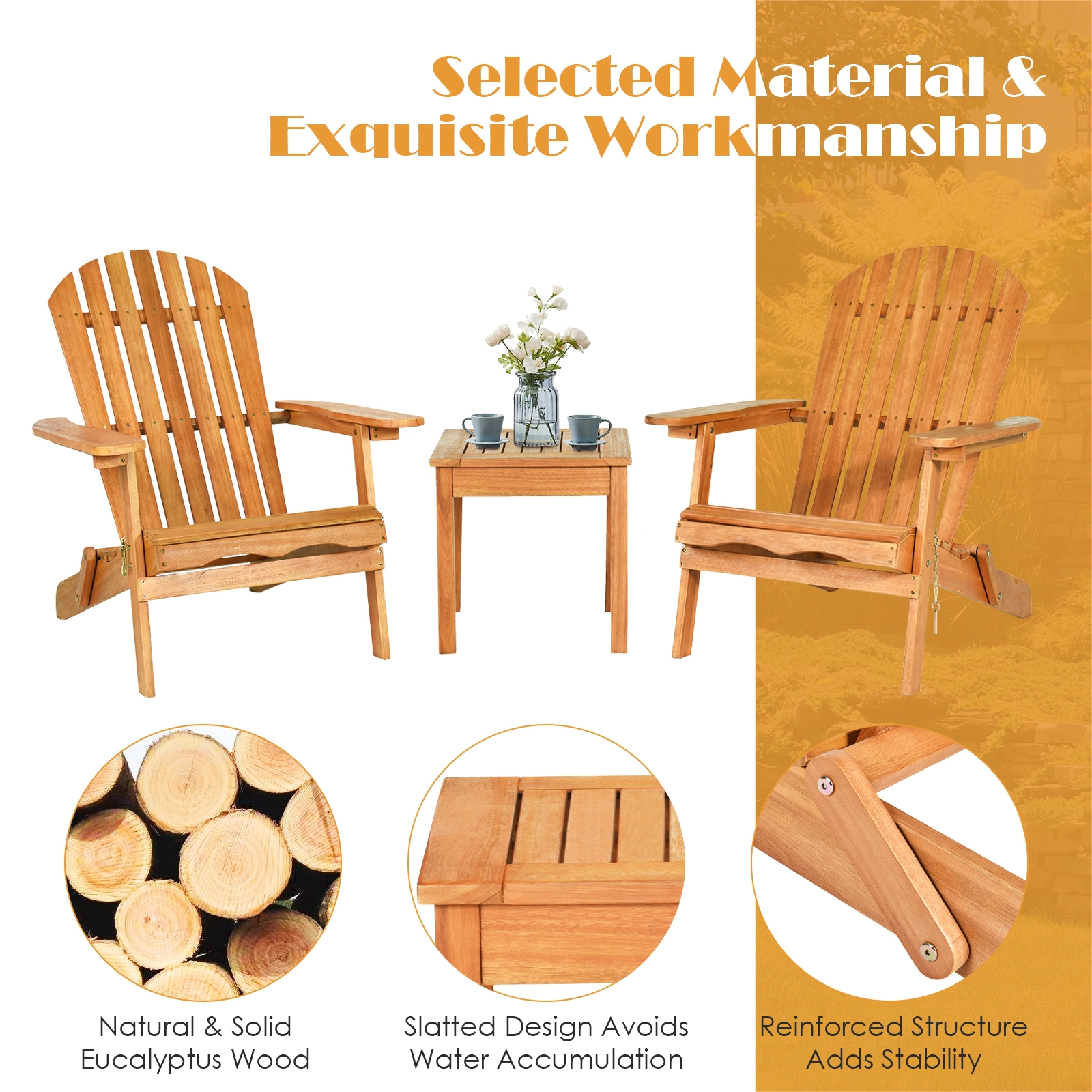 SUGIFT Widened Armrests and Side Table 3-Piece Natural Eucalyptus Adirondack Chair Set