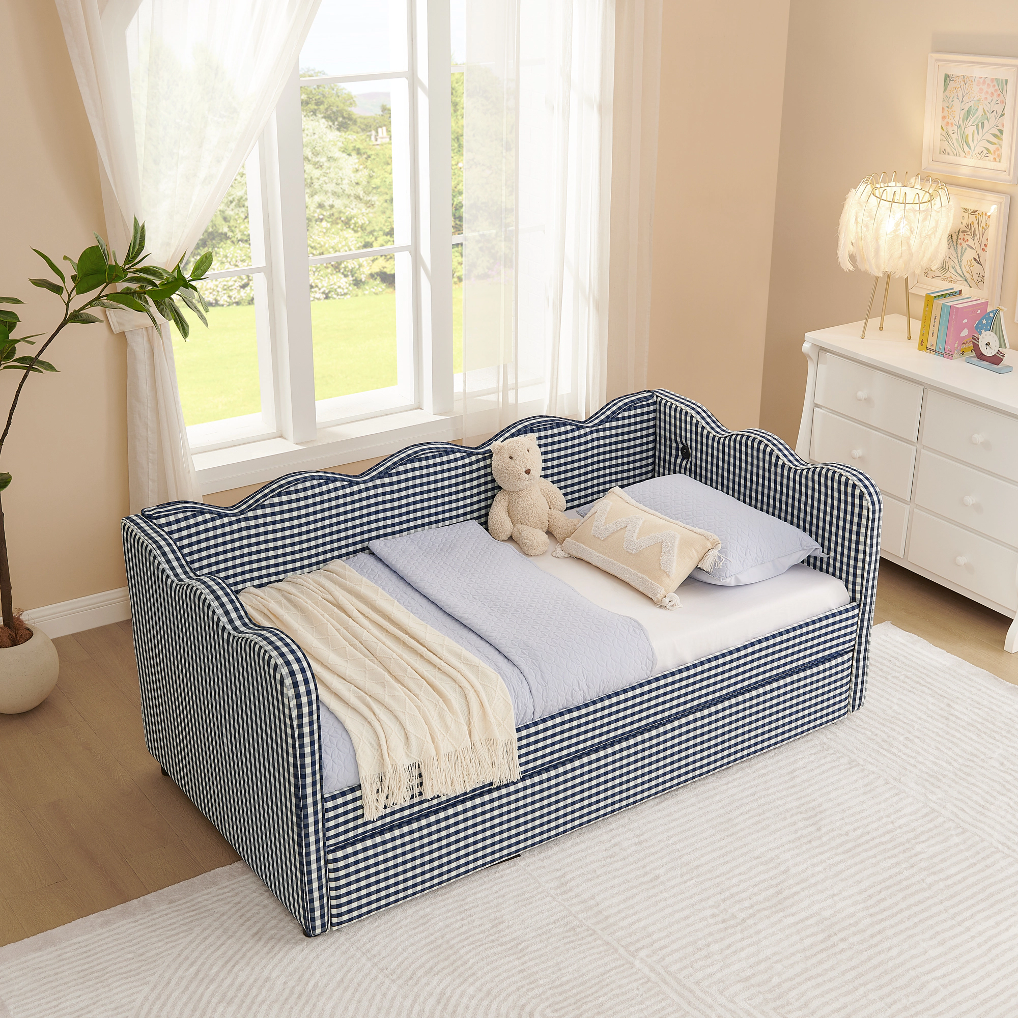 Flynama Gingham Daybed with Twin Trundle, USB Port, Wave Design, Linen, Navy