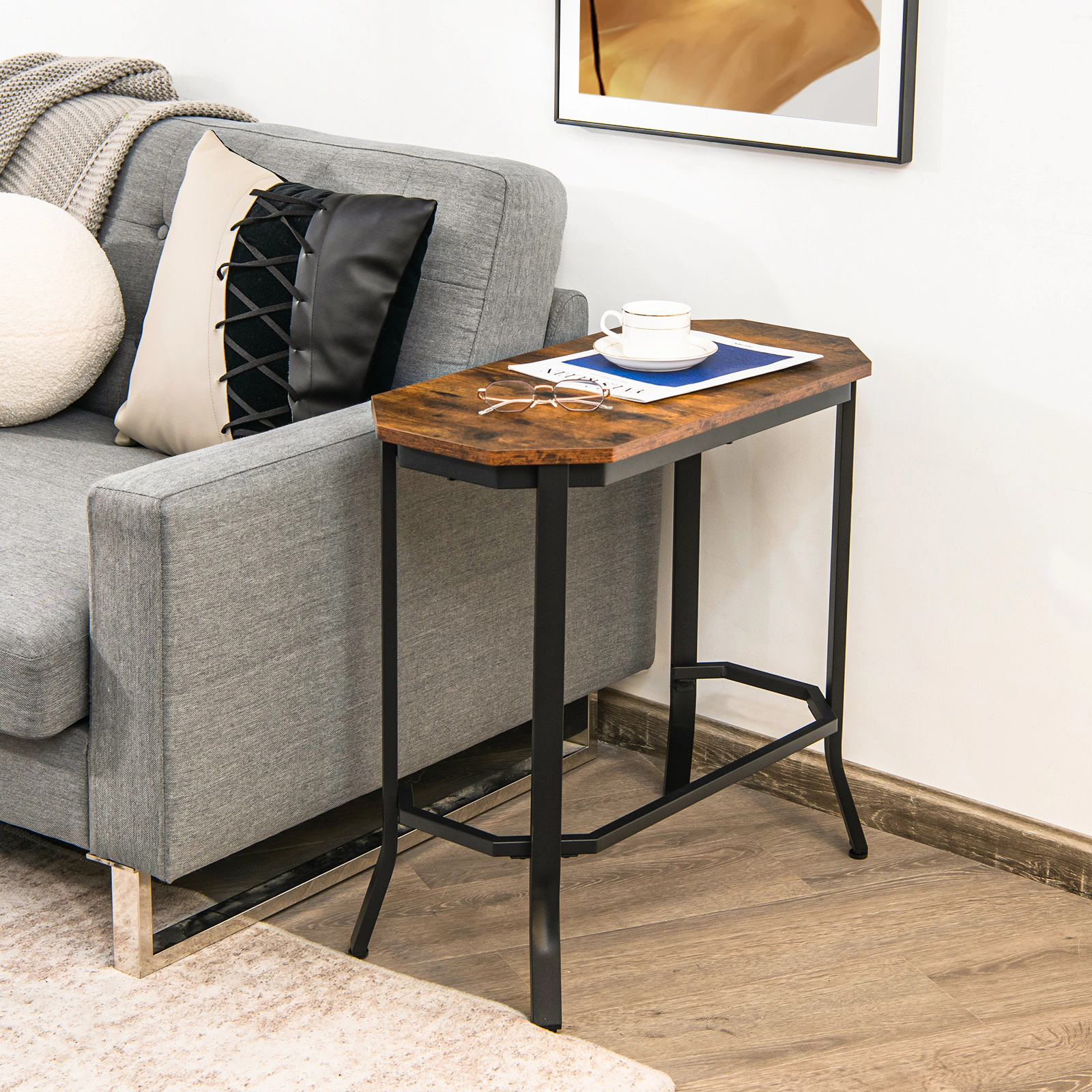 SUGIFT Narrow Hexagonal Rustic Wood Grain End Table 66-lb Capacity Rustic Brown