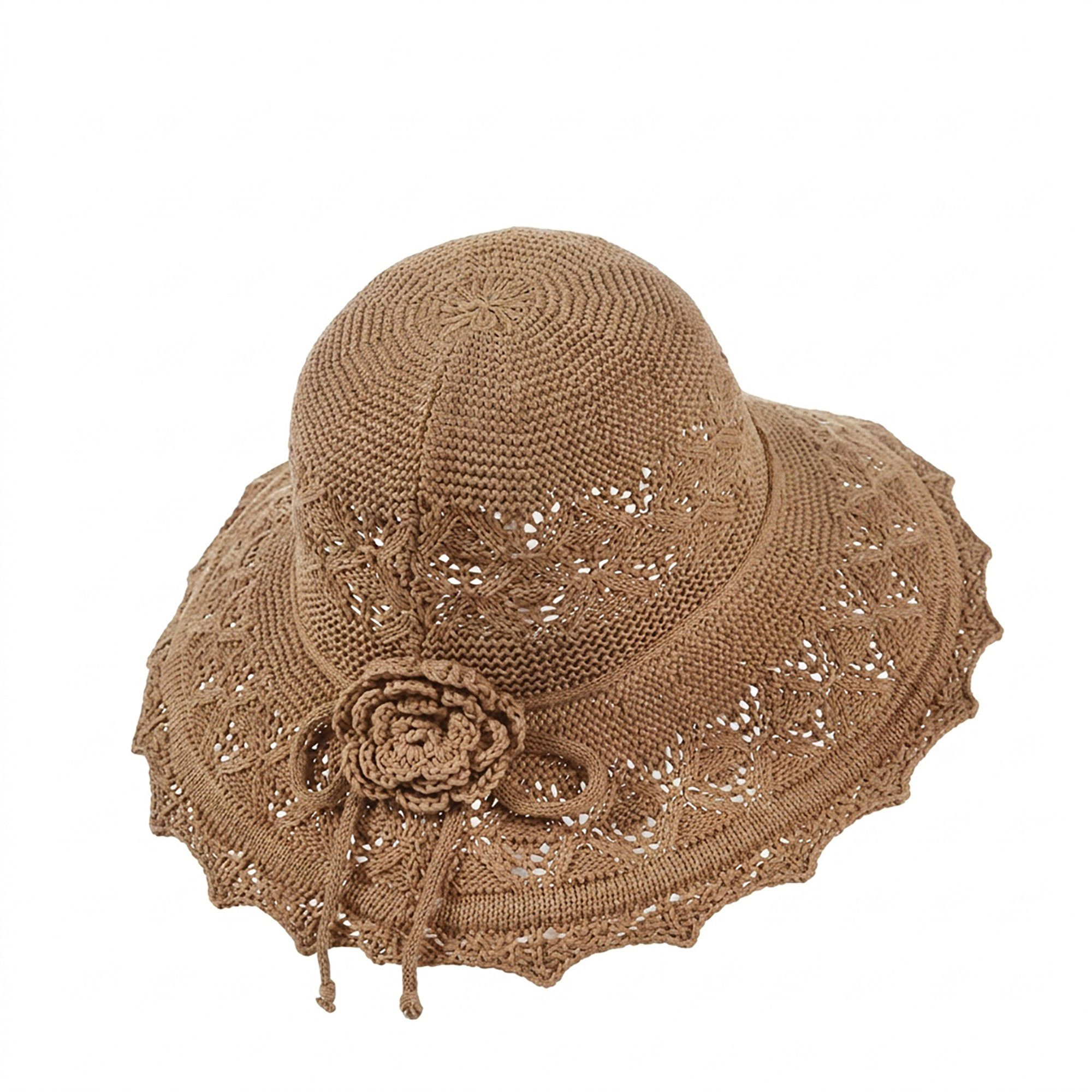 Anna-Kaci Women's Crochet Wide Brim Sun Hat with Scalloped Edge Floral Accent and Chin Strap
