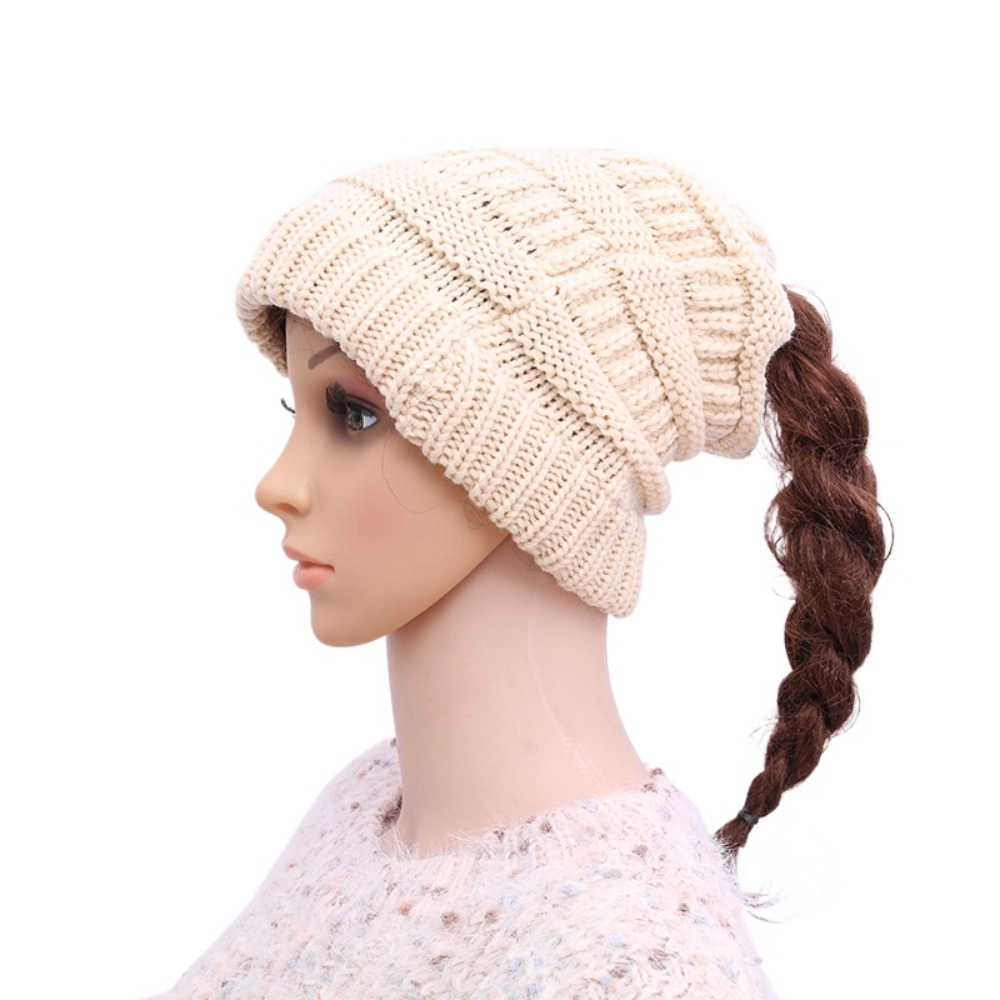 Wardrobe Whimsy Soft Stretch Cable Knit Messy Bun Ponytail Beanie Winter Hat for Women