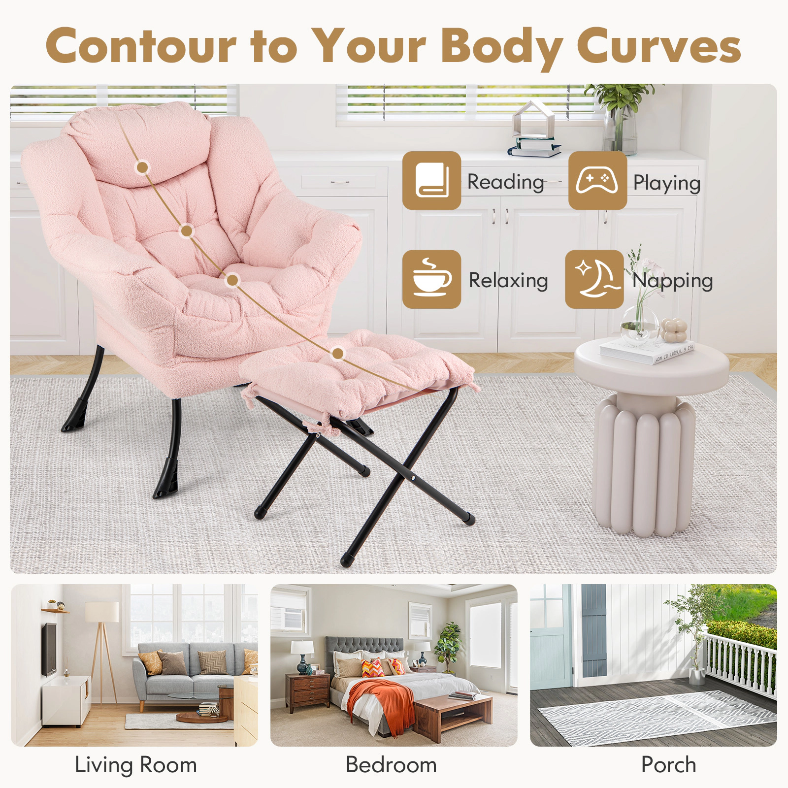 Hivvago Modern Accent Chair with Folding Footrest and Head Pillow-Pink