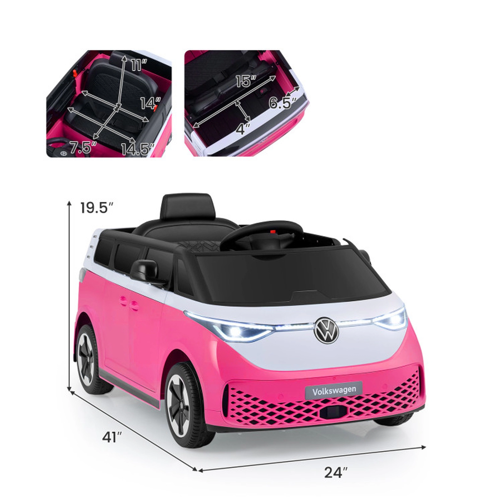 SUGIFT 12V Pink Kids Ride-On Bus with Licensed Volkswagen Body Music LED Headlights and Remote Control