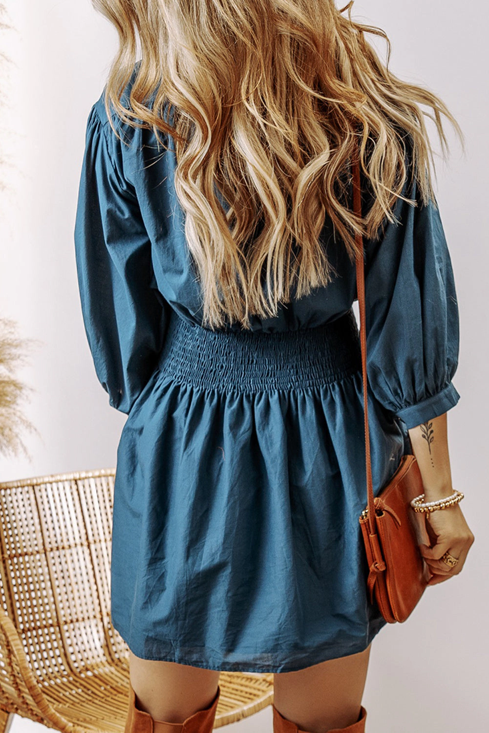 Threaded Pear Women's Vera 3/4 Sleeve Shirred High Waist Buttoned Dress