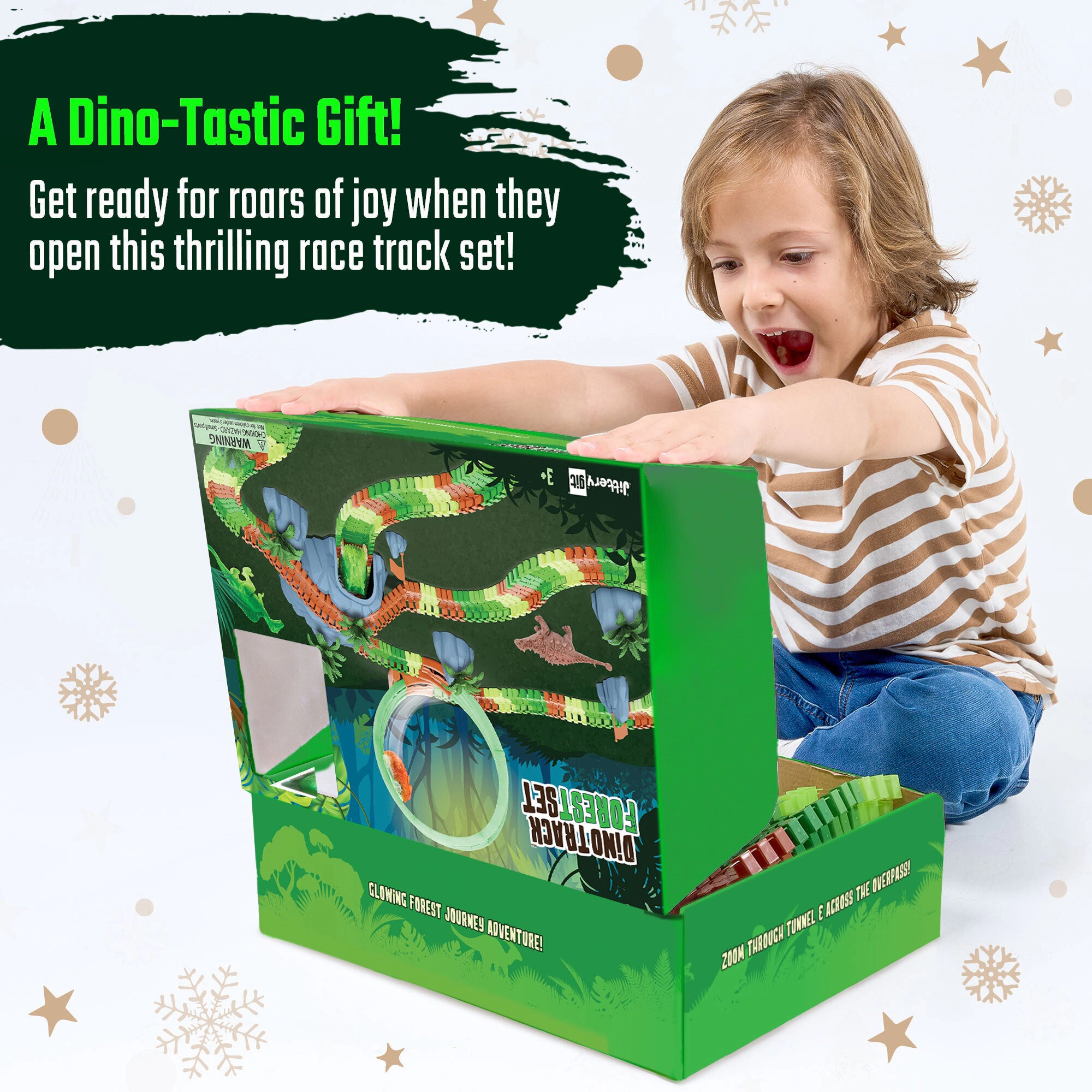 JitteryGit Kids Dino Track Forest Glow-in-the-Dark Race Set - 185-Piece Track with Loop & Dino Racers