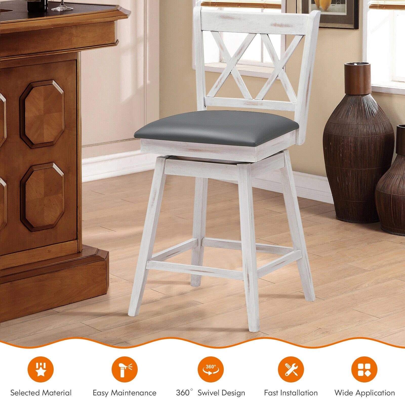 SUGIFT 2-Piece 24-in Swivel Counter Height Bar Stool Set Rubber Wood Legs 264-lb Capacity 18 x 20 x 38 in Black/White