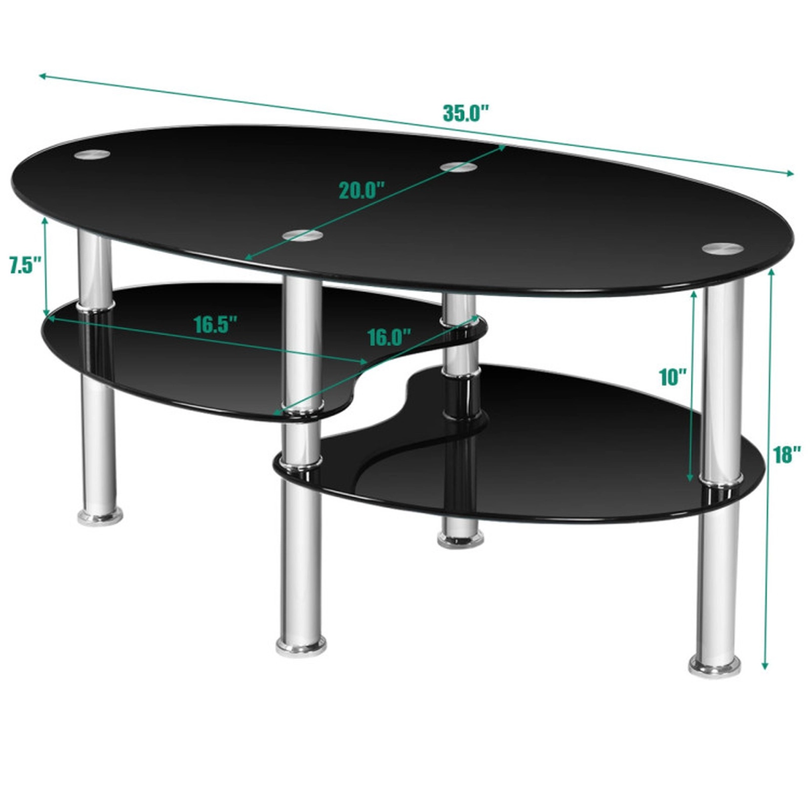 SUGIFT Tempered Glass Oval Side Coffee Table with 2 Shelves 90-lb Top Capacity 35-in Long Black/Transparent