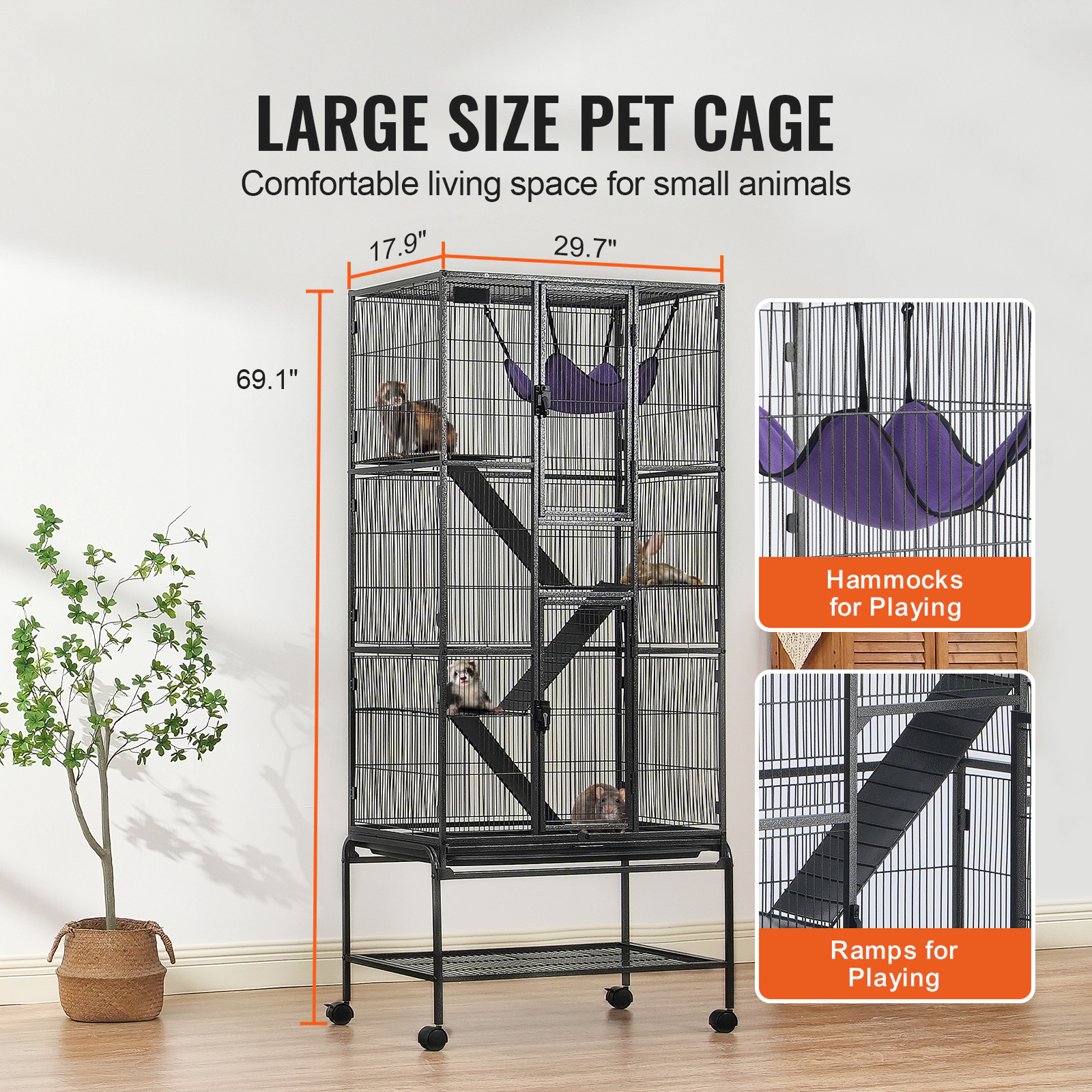 HONGGE Rolling Metal Ferret Cage Large Cage Small Animal Cage with Ramps & Tray Easy to Set up for Pet Rats Hamster