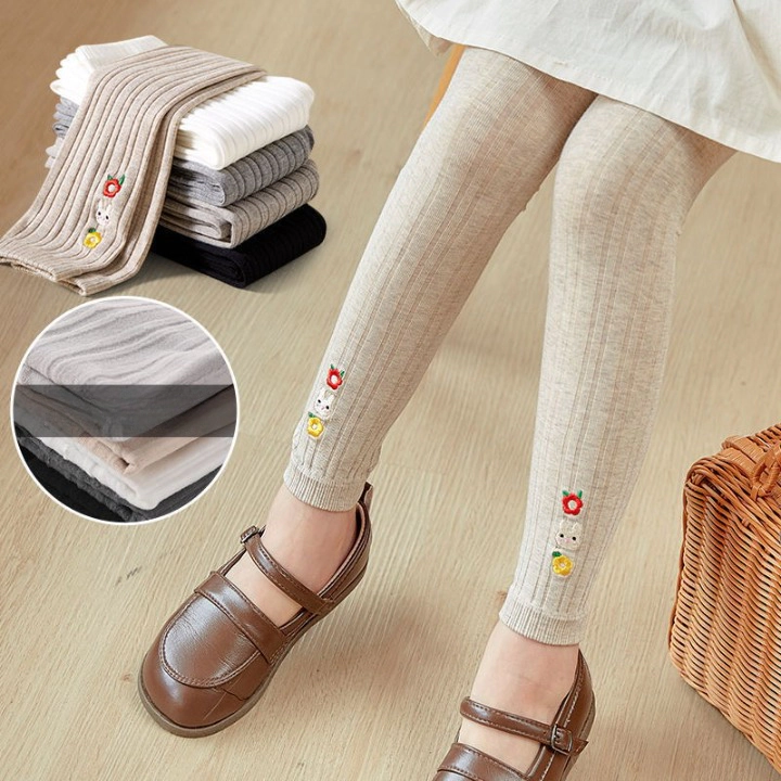 MyKids-USA Baby Girl Embroidered Pattern Solid Color Soft Cotton Leggings