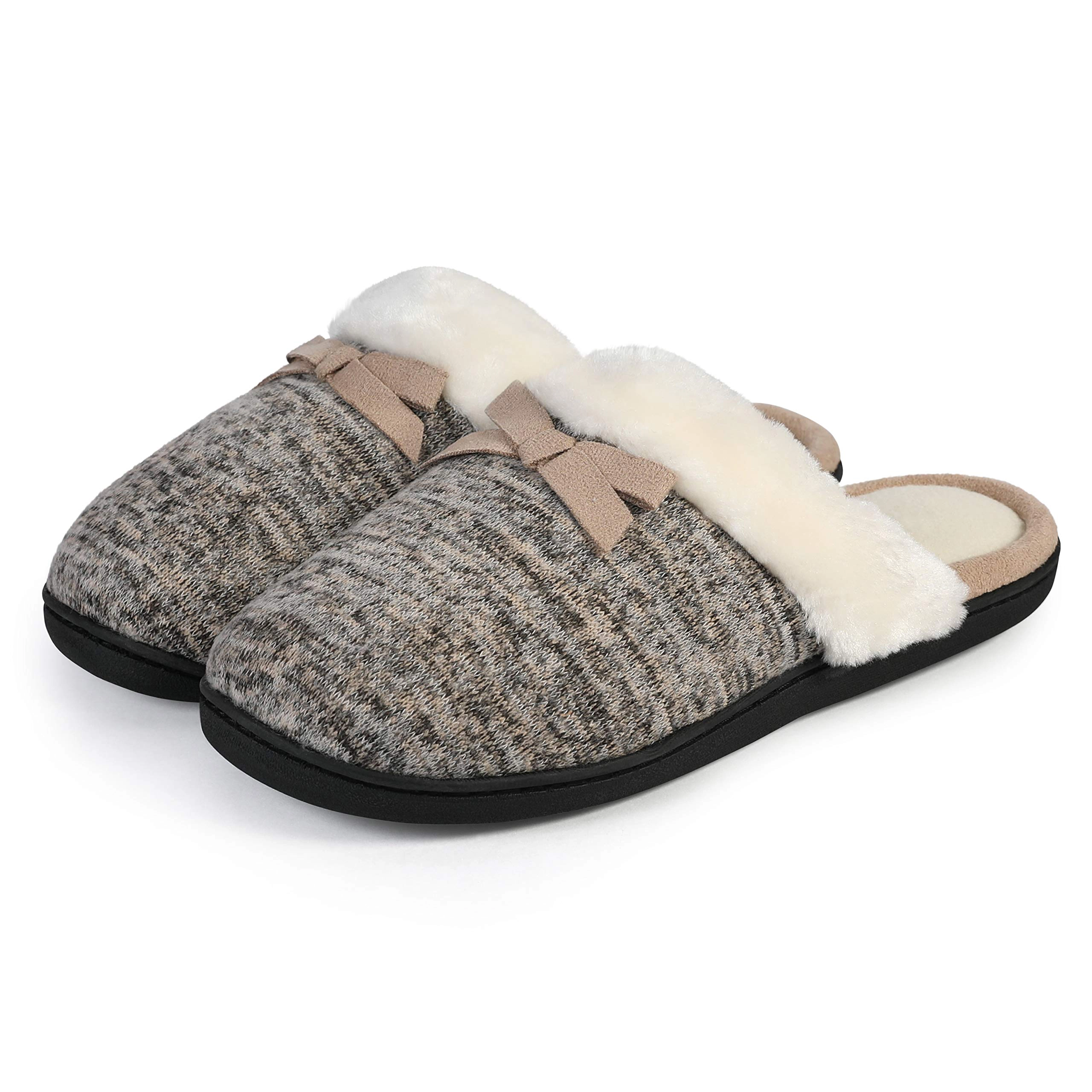 Roxoni Women’s Cozy Memory Foam Slippers – Fuzzy Faux Fur with Anti-Skid Sole & Bow