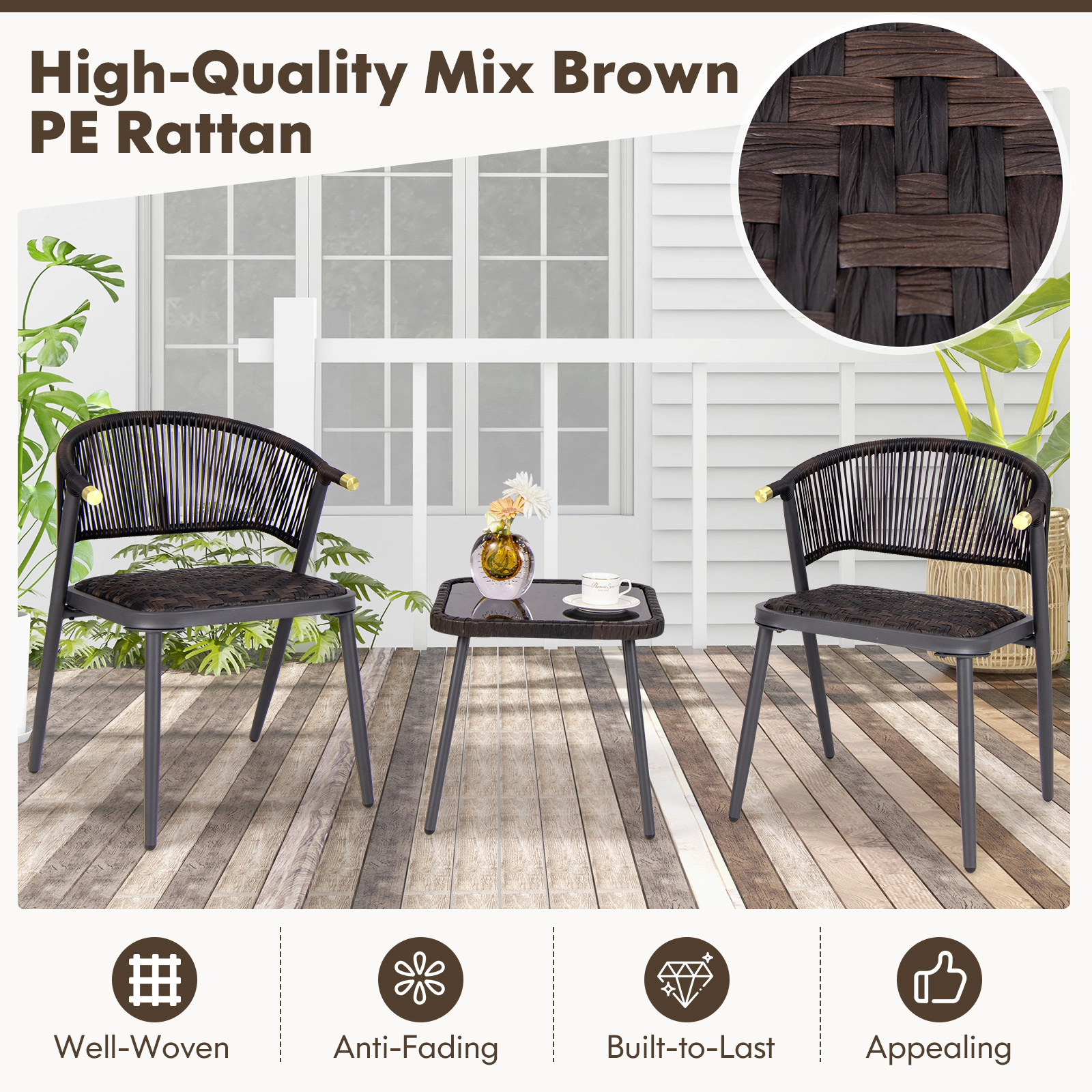 SUGIFT 3-Piece Patio Rattan Conversation Set with Quick Dry Foam Chairs 400-lb Capacity Mix Brown and Black