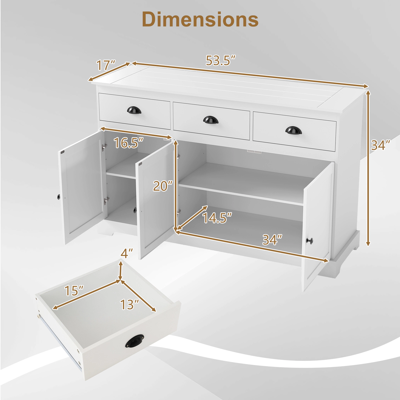 SUGIFT 3-Drawer Cup Pulls Adjustable Shelves Buffet Sideboard 53.5-in x 17-in x 34-in 22-lb per Shelf White