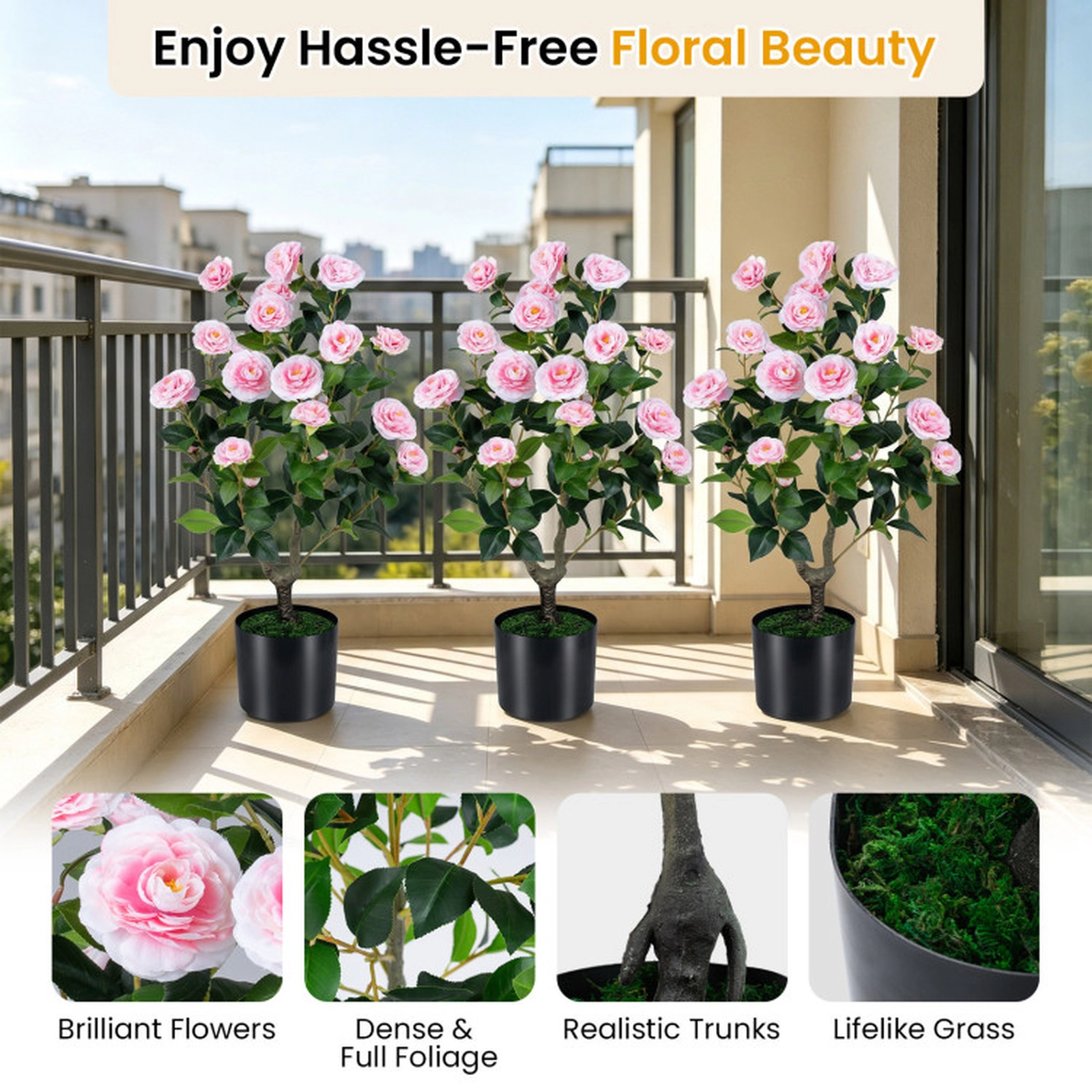 SUGIFT Set of 2 35.5-in 24 Blossoms 174 Leaves Artificial Camellia Trees 6-in x 5-in Cement Pot 15-lb Pink