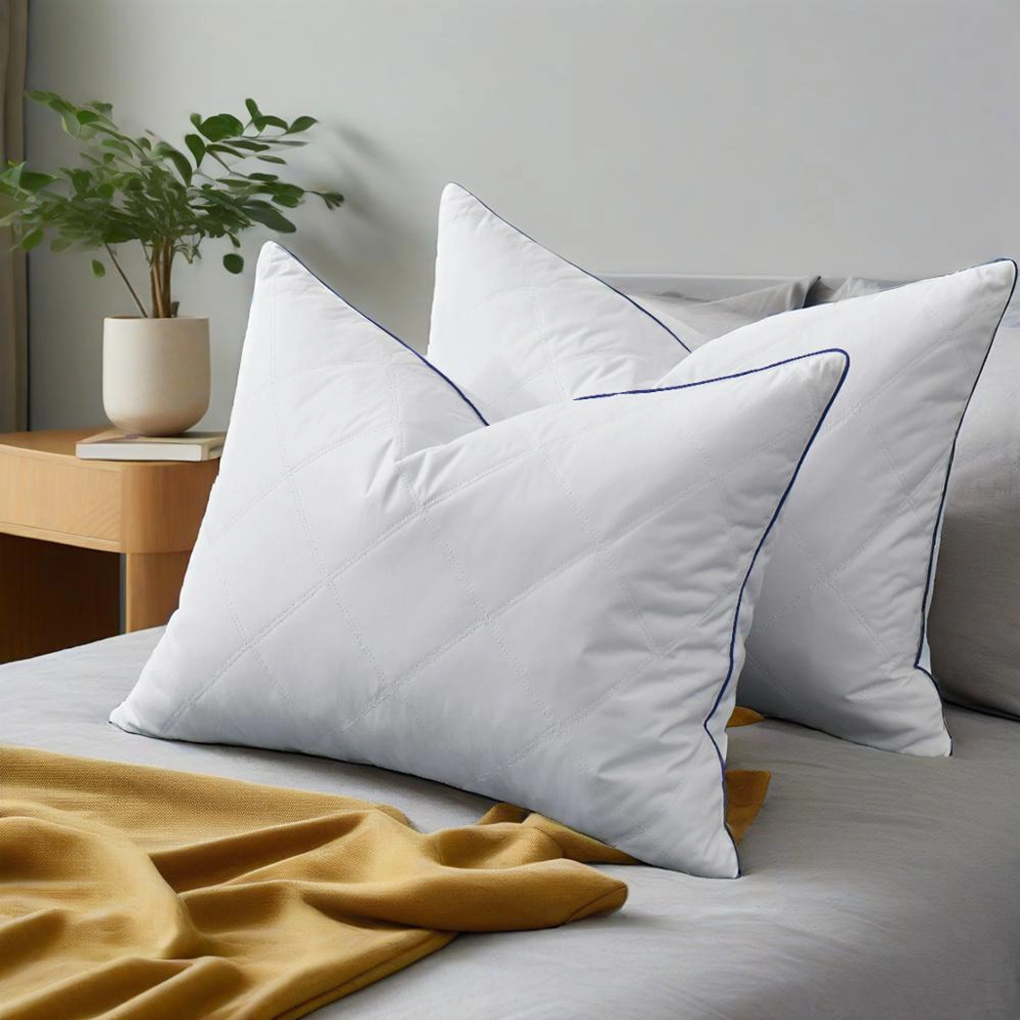 Unikome Diamond Quilted Goose Feather Pillow Set of 2, Navy Piped Hotel Support Bed Pillows