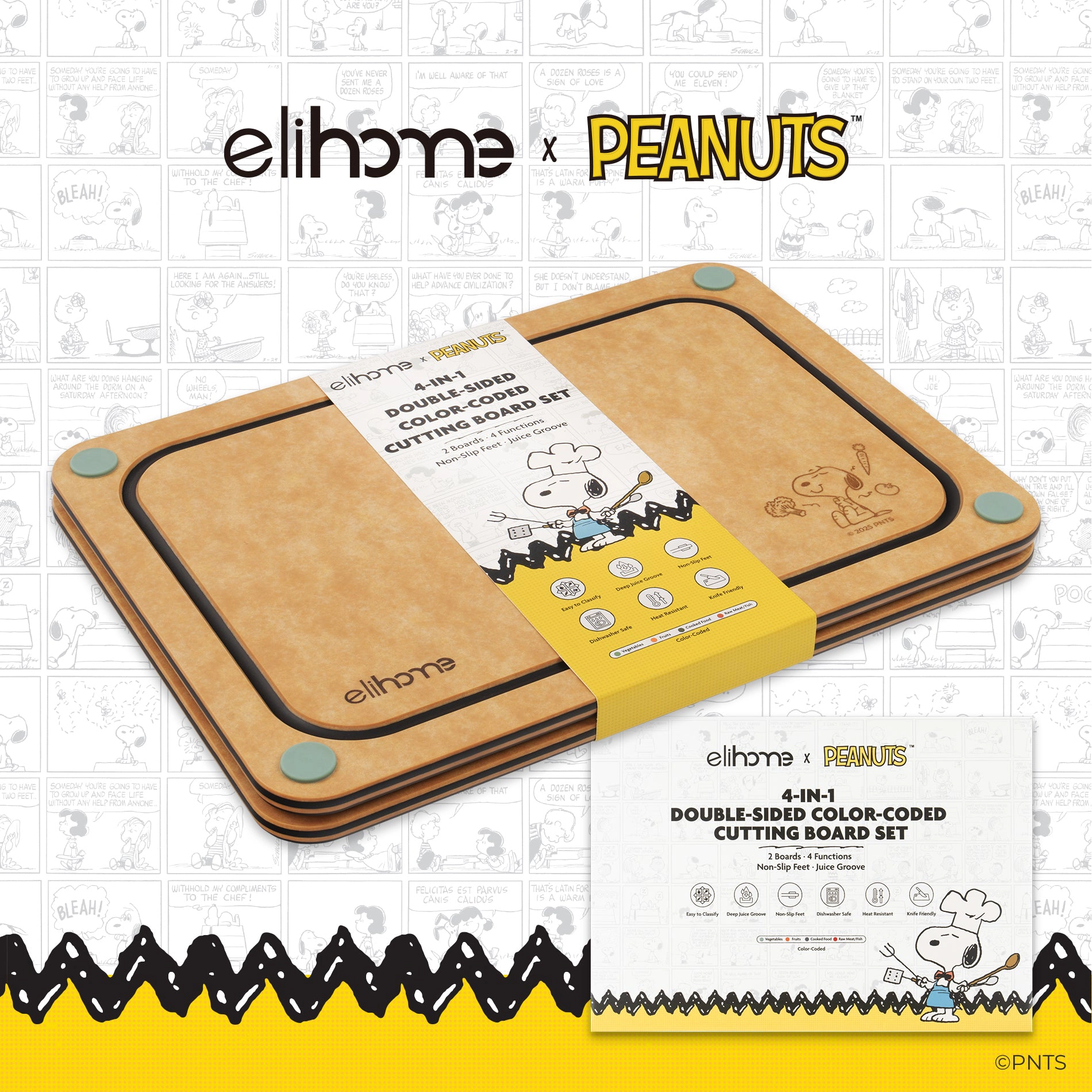 Elihome x Peanuts 4-in-1 Double-Sided Color-Coded Cutting Board Set 14" x 10"